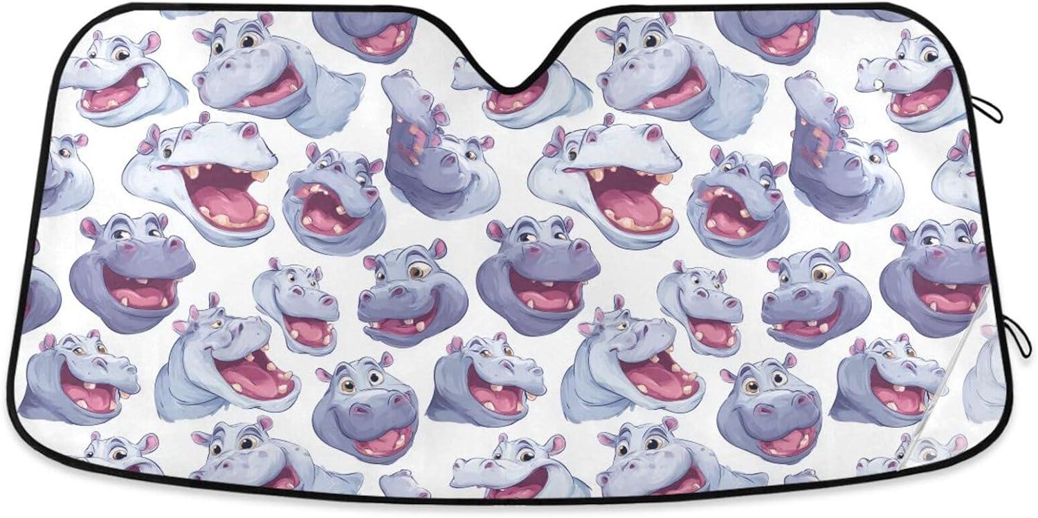 Car Windshield Sun Shade Funny Pattern Hippo Reflective Sunshade for Ultimate Protection Fits Small Sedans, Mini SUVs, Hatchbacks