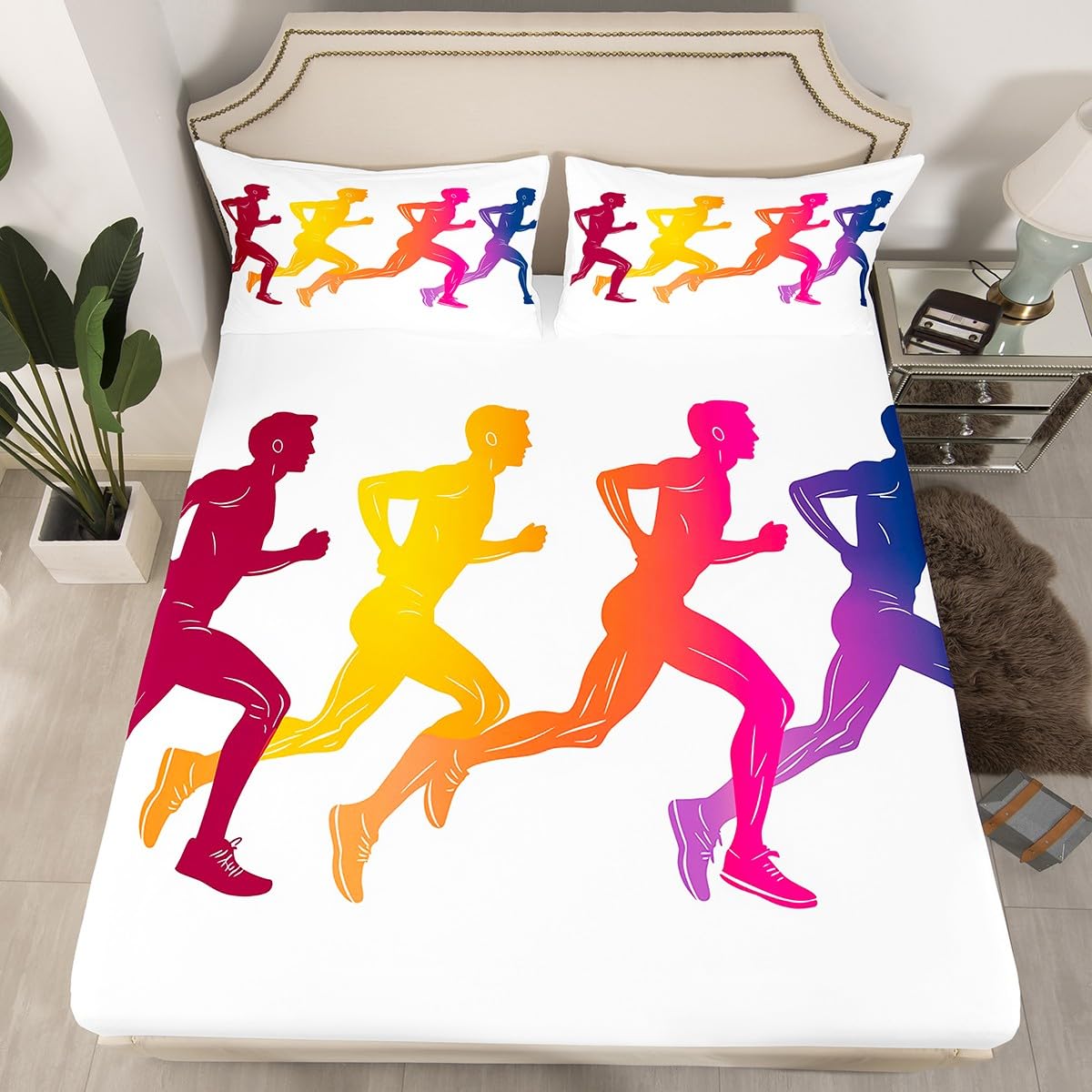 jejeloiu Running Fitted Sheet Queen Size Kids Sports Game Bedding Set for Boys Girls Teens Off White Bed Sheet Set