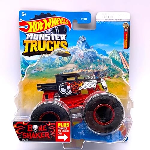 DieCast Hot Wheels Monster Trucks Bone Shaker (negrorojo), 1975 con auto retriturable (escala 164)