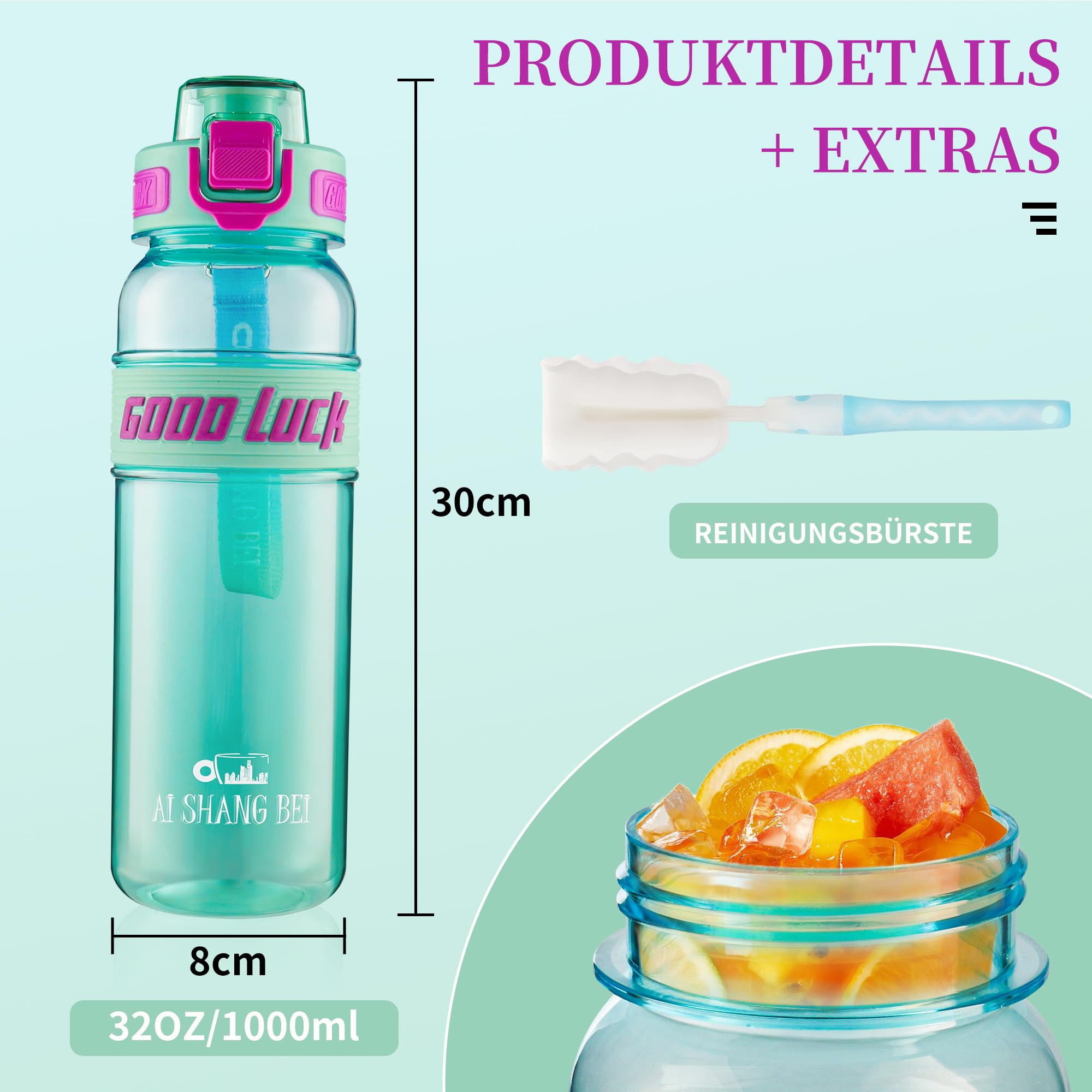 YC Kitchen Borraccia Sportiva Motivazionale 1L - Borraccia 1 litro, Bottiglia d'acqua Sportiva con paglia e trasporto cinghia