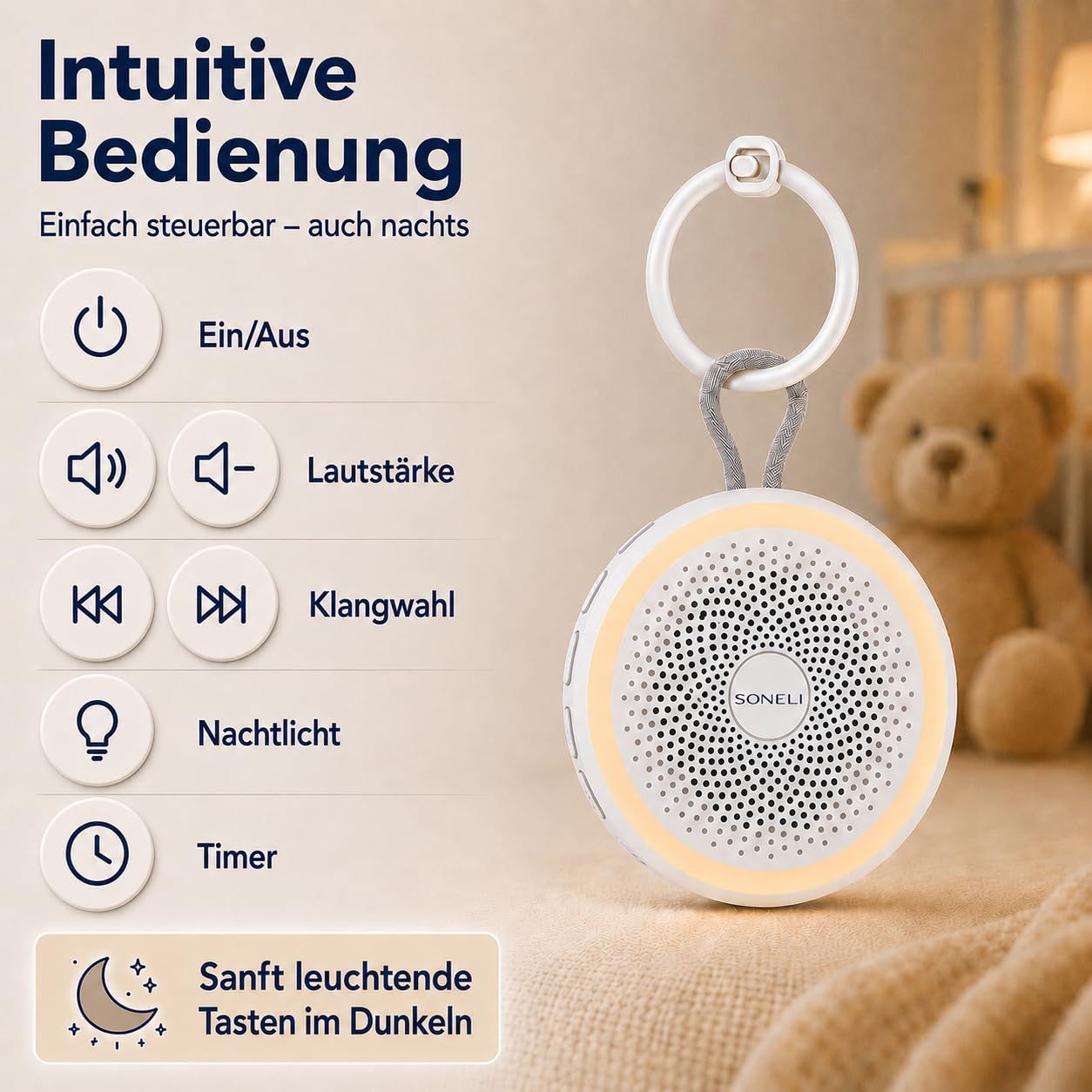 Baby White Noise Soundmaschine mit Nachtlicht - Tragbare Einschlafhilfe für Babys & Kinder, 16 beruhigende Geräusche, weißes Rauschen, Timer- & Memory-Funktion, bis zu 24h Akku, wiederaufladbar
