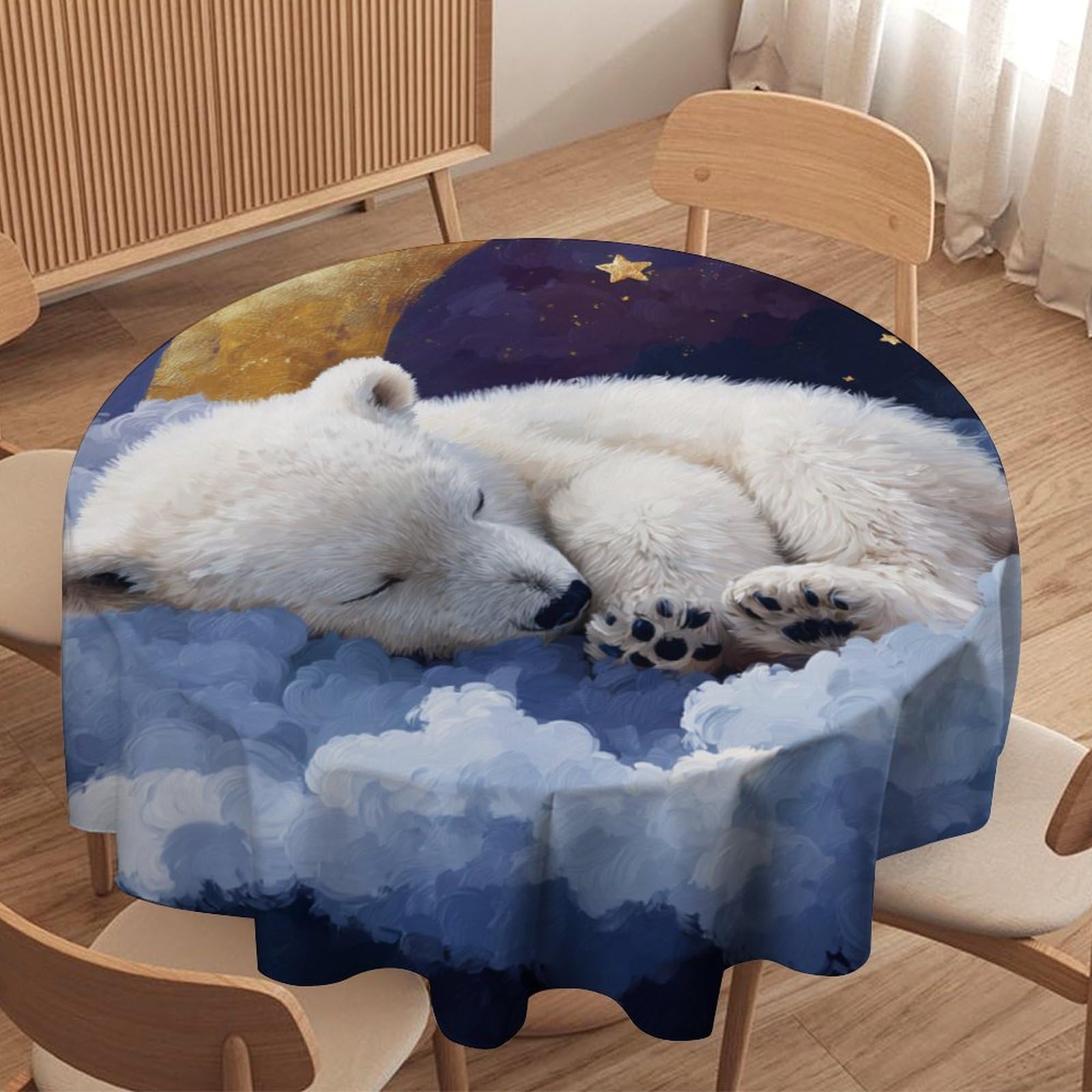 LUYYSKY Funny Classic Polar Bears Round Tablecloth Modern Cute Moon Galaxy Starry Sky Clouds Animals Polar Bear Washable Decor for Table Cover for Kitchen-177.8" Wx177.8 L cm