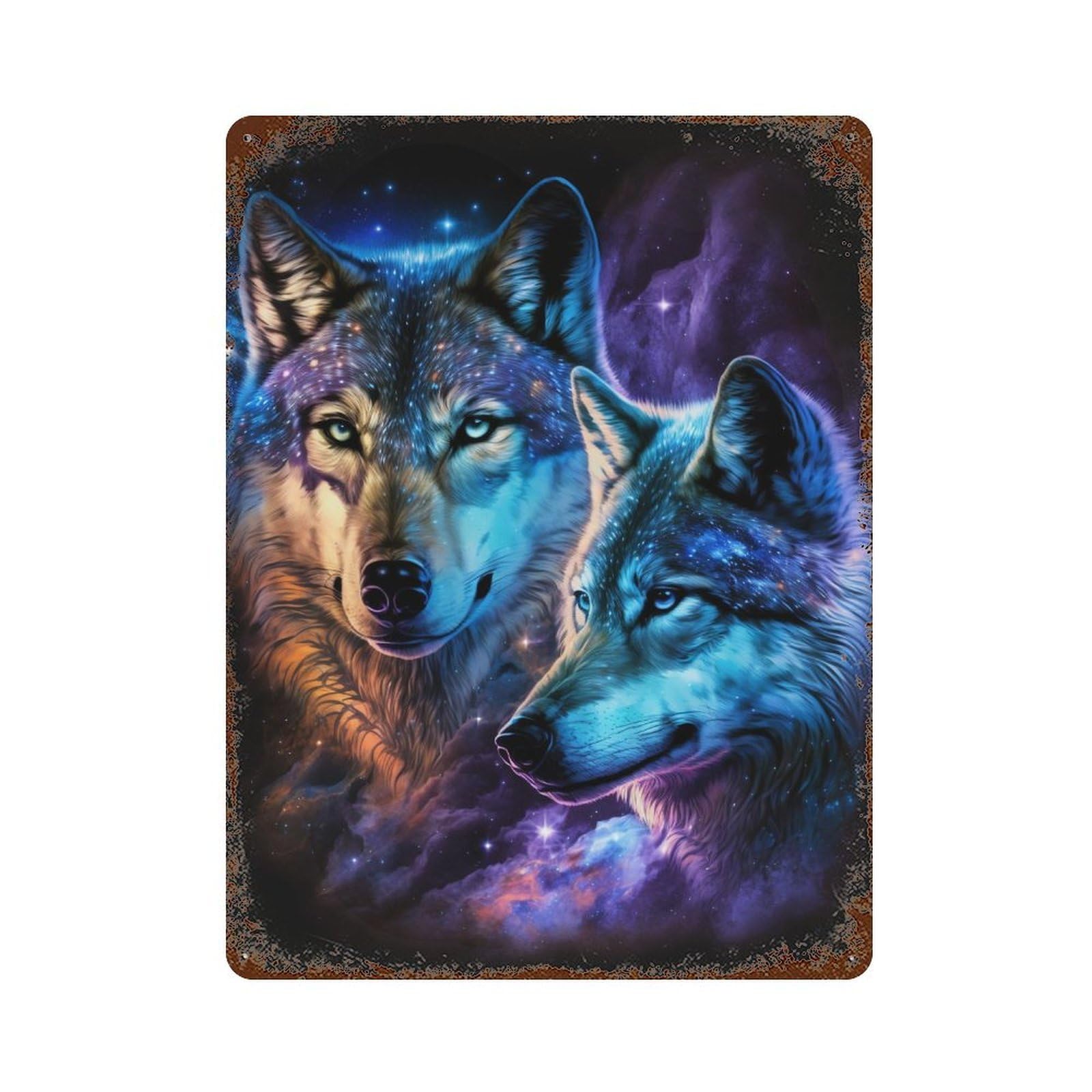 Cosmic Wolf Art Print-2 Vintage Rust Metal Sign 15.7"x11.8", Ideal for Bistro, Counter And Cafe Decor