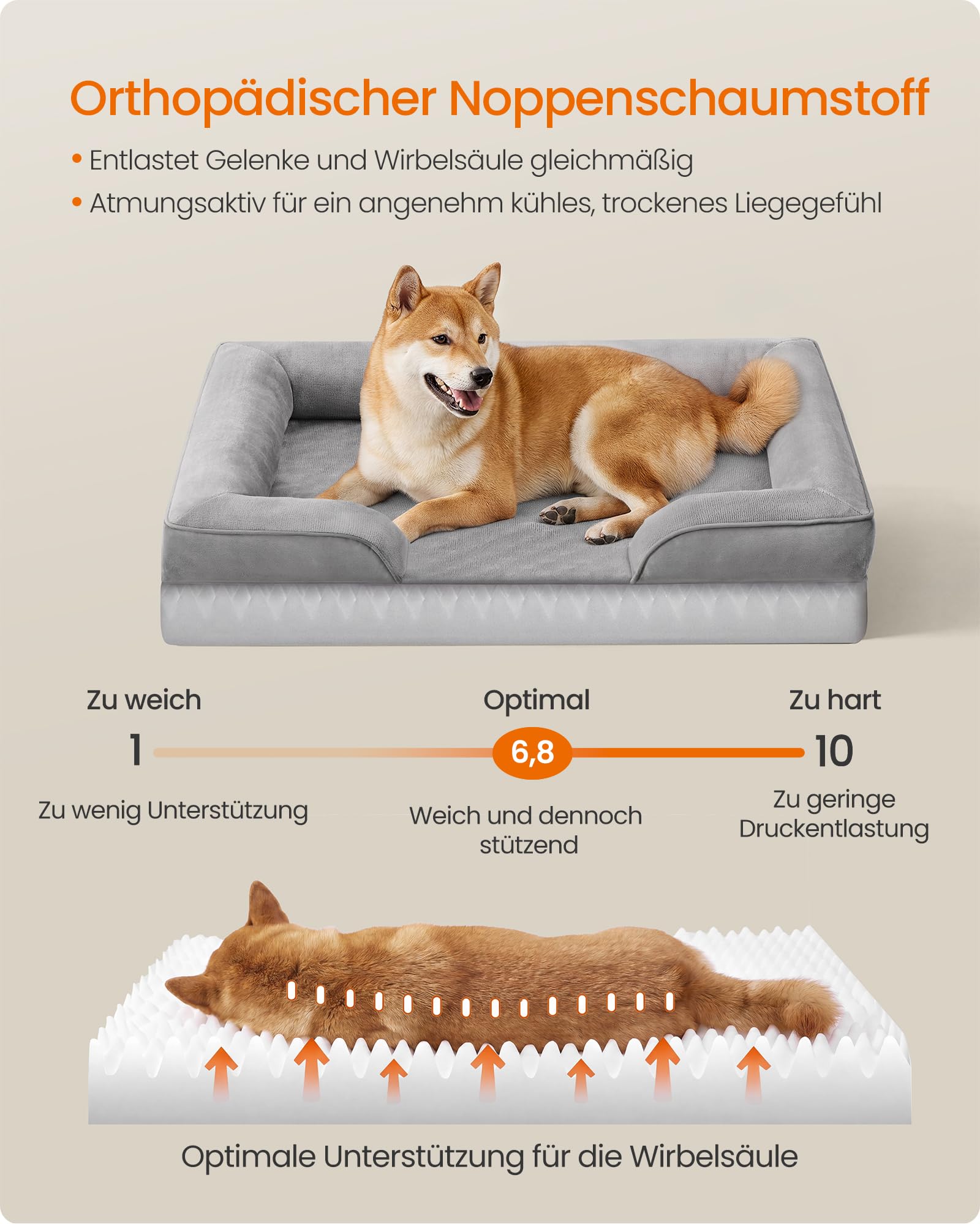 Feandrea Orthopädisches Hundebett, Hundekissen L, erhöhter Rand, Noppenschaumstoff, Bezug abnehmbar, waschbar, rutschfest, Innenfutter wasserabweisend, Taubengrau, 89 x 63 x 16 cm PGW322GD01
