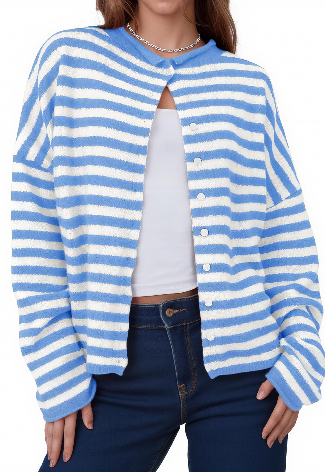 Womens Striped Cardigan Sweaters Casual Trendy Open Front Long Sleeve Button Down Lightweight Knit Fall Sweater