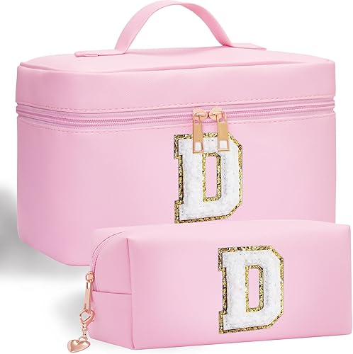 Miniatura 9 de Bolsa de maquillaje con inicial, 2 bolsas de maquillaje con iniciales para mujeres y niñas, bolsa de cosméticos personalizada con monograma