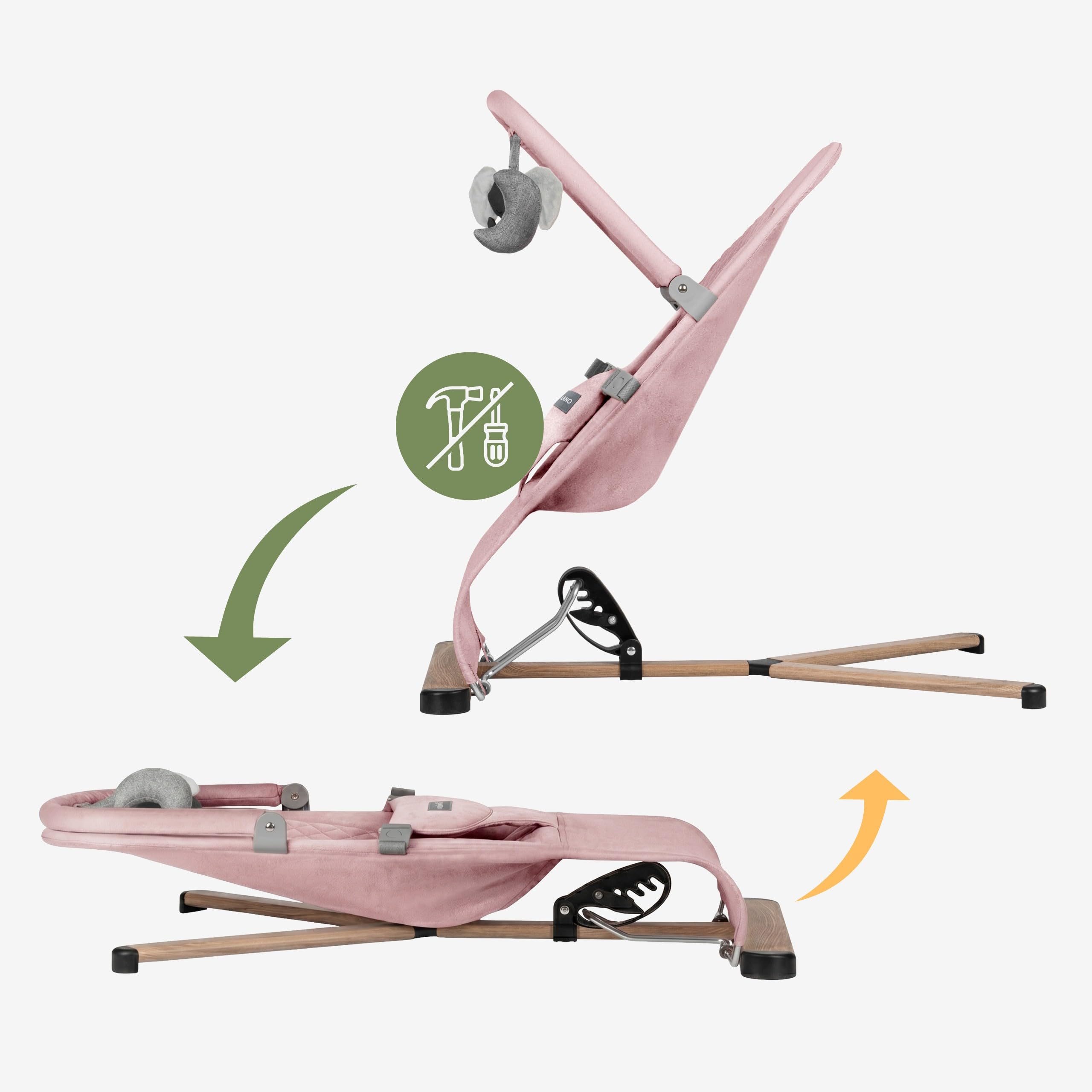 TULANO Moon 30 Ergonomiczne leżaki dla niemowląt z łukiem do zabawy, naturalne kołysanie bez prądu, regulowane i składane oparcie, 3-punktowa uprząż dla dzieci, bardzo miękka i oddychająca - różowa
