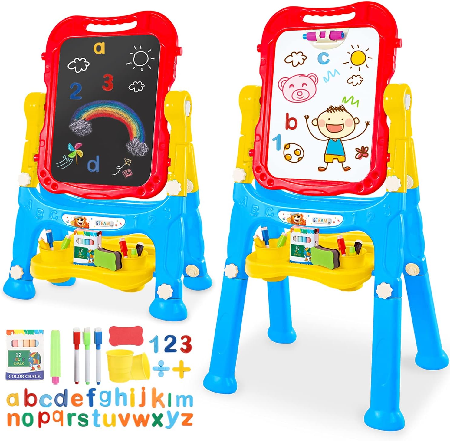 STEAM Life Art Easel for Kids - 4 in 1 Double Sided Magnetic Board, Chalkboard, and Drawing White Board for Kids Toddler -Includes Magnetic Letters and Numbers - Easy Storage Portable : Toys & Games