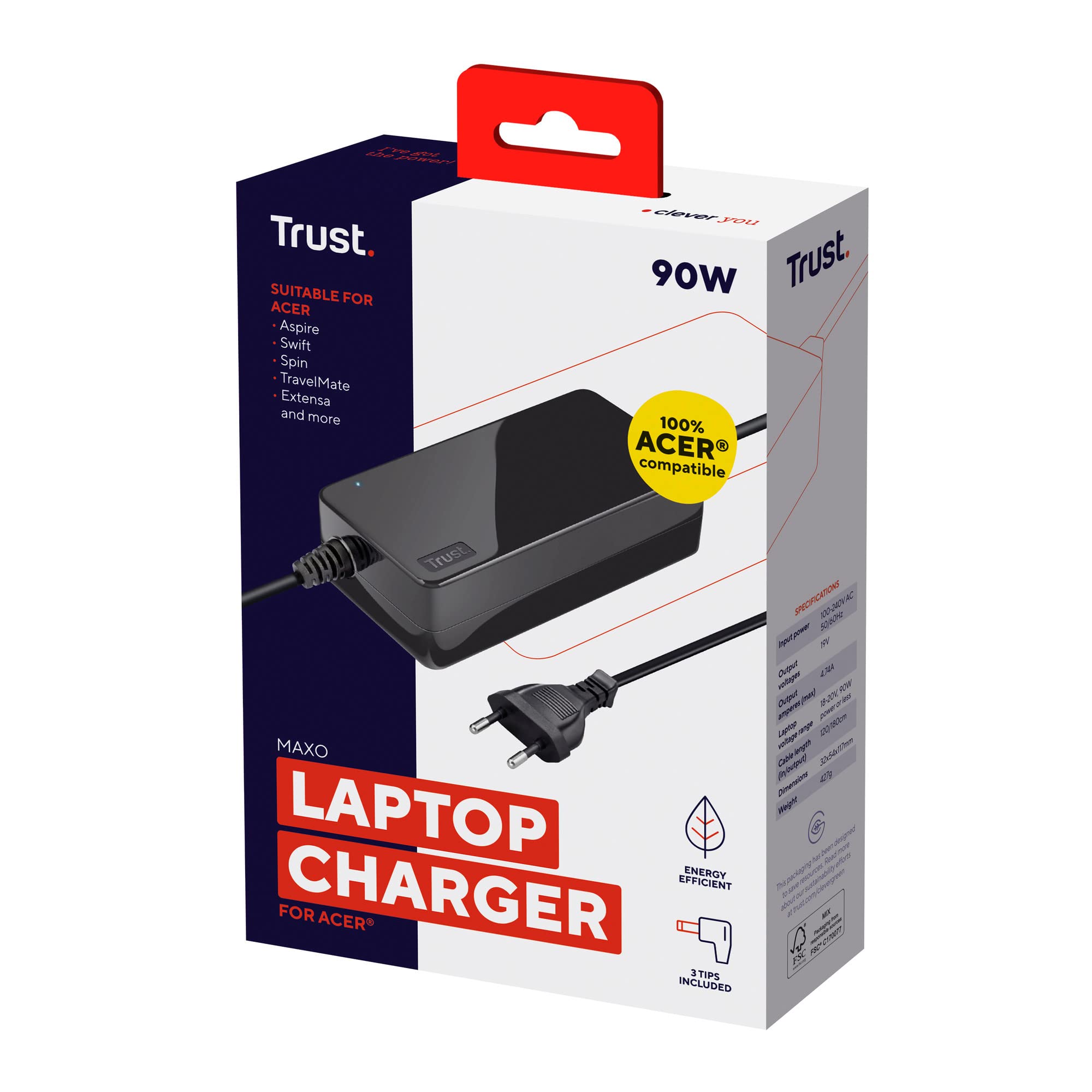Trust Maxo - Cargador para Ordenador portátil de 90 W para Acer