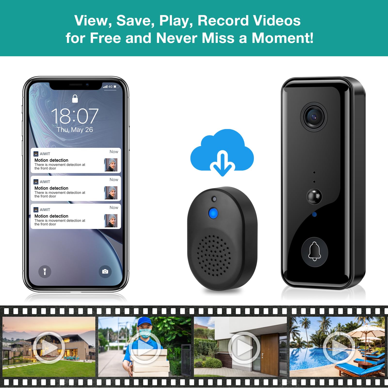 Campanello Wireless Con Fotocamera 1080P - Video Citofono WiFi, Visione Notturna, Rilevamento Movimento, Impermeabile IP65