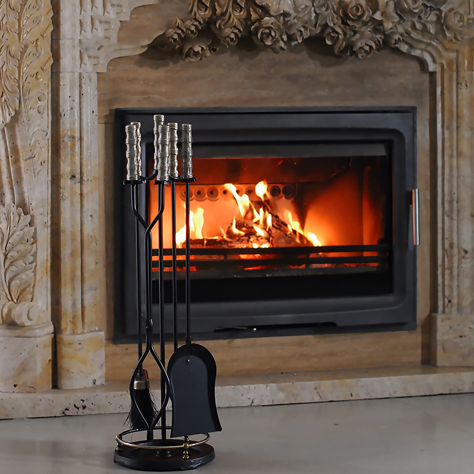 Set di attrezzi per caminetto con maniglia, 5 pezzi in ferro per camino con piedistallo, kit di accessori in legno antico per esterni