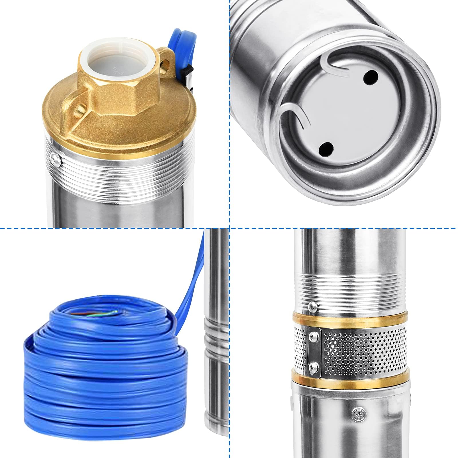 Froadp Bomba sumergible de acero inoxidable de 92 mm de diámetro, bomba de pozo, caudal de hasta 4000 l/h, compatible con arena, altura de extracción de hasta 81 m, con cable de conexión y caja de
