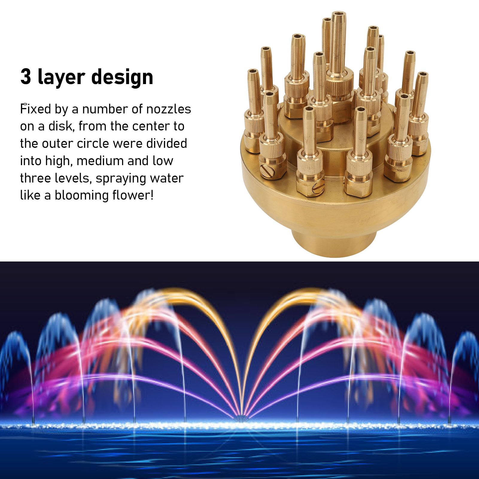 Boquilla de Fuente de Latón, G2 Pulgadas DN50 Cabezales de Boquilla para Fuente de 3 Niveles para Piscina de Estanque Cabezal Rociador de Aspersores con Boquilla de Latón de