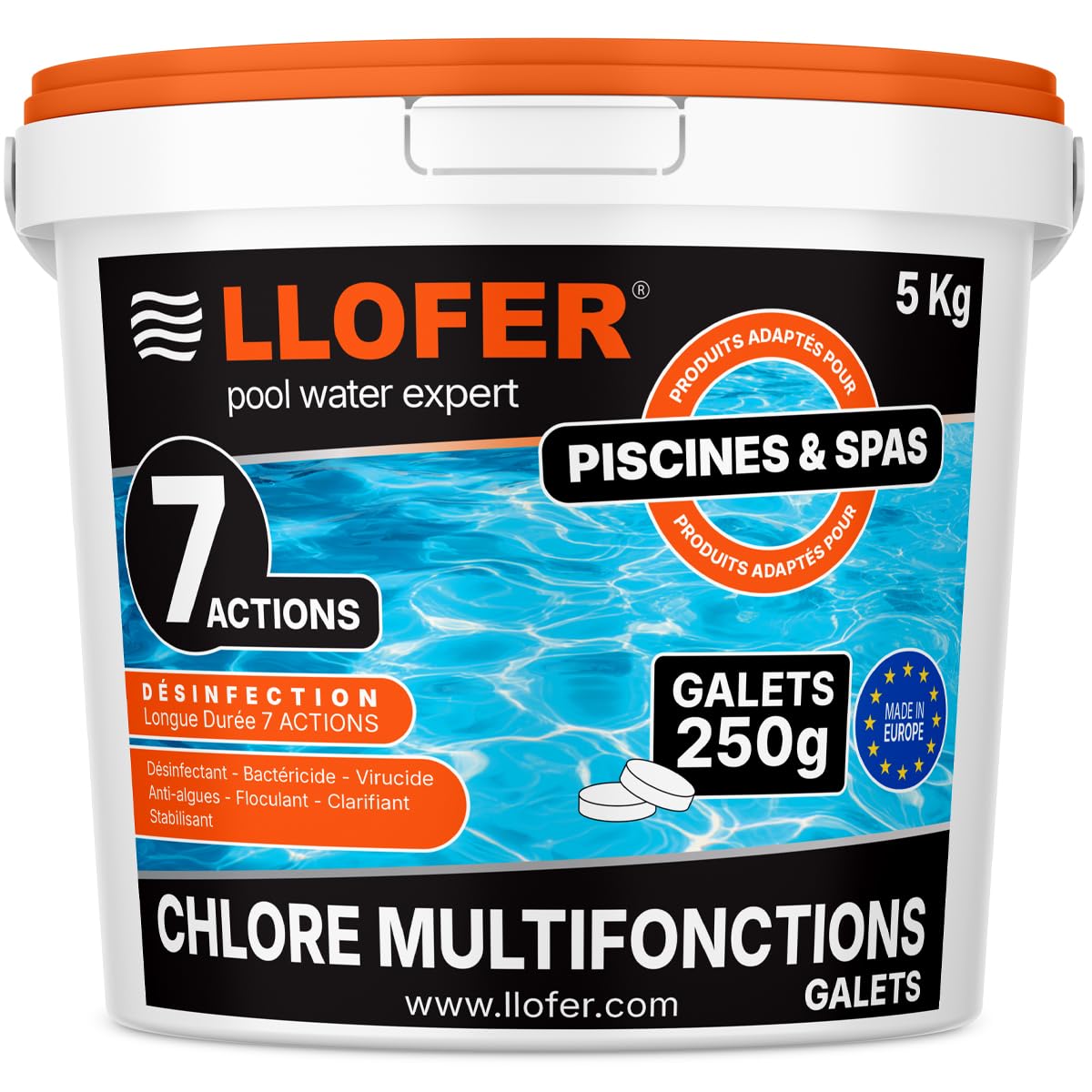 Chlore Multifonction en Galet de 250g - 5kg Total - Désinfection Longue Durée 7 Actions: désinfectant, bactéricide, virucide, Anti-algues, floculant, clarifiant et stabilisant.