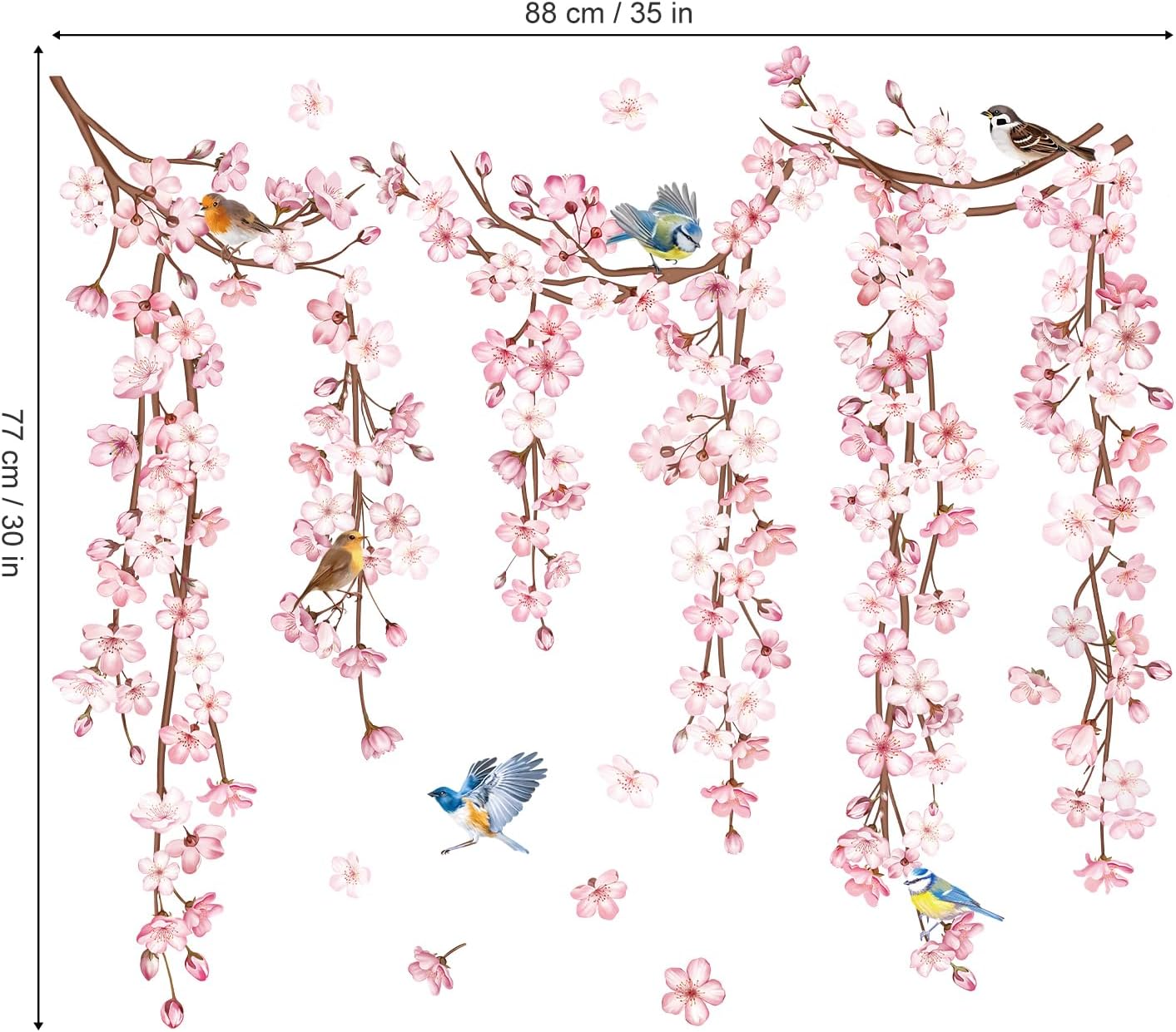 decalmile Cherry Blossom Flower Vine Wall Decals Hanging Floral Tree Branch Birds Wall Stickers Living Room Bedroom Office Wall Decor