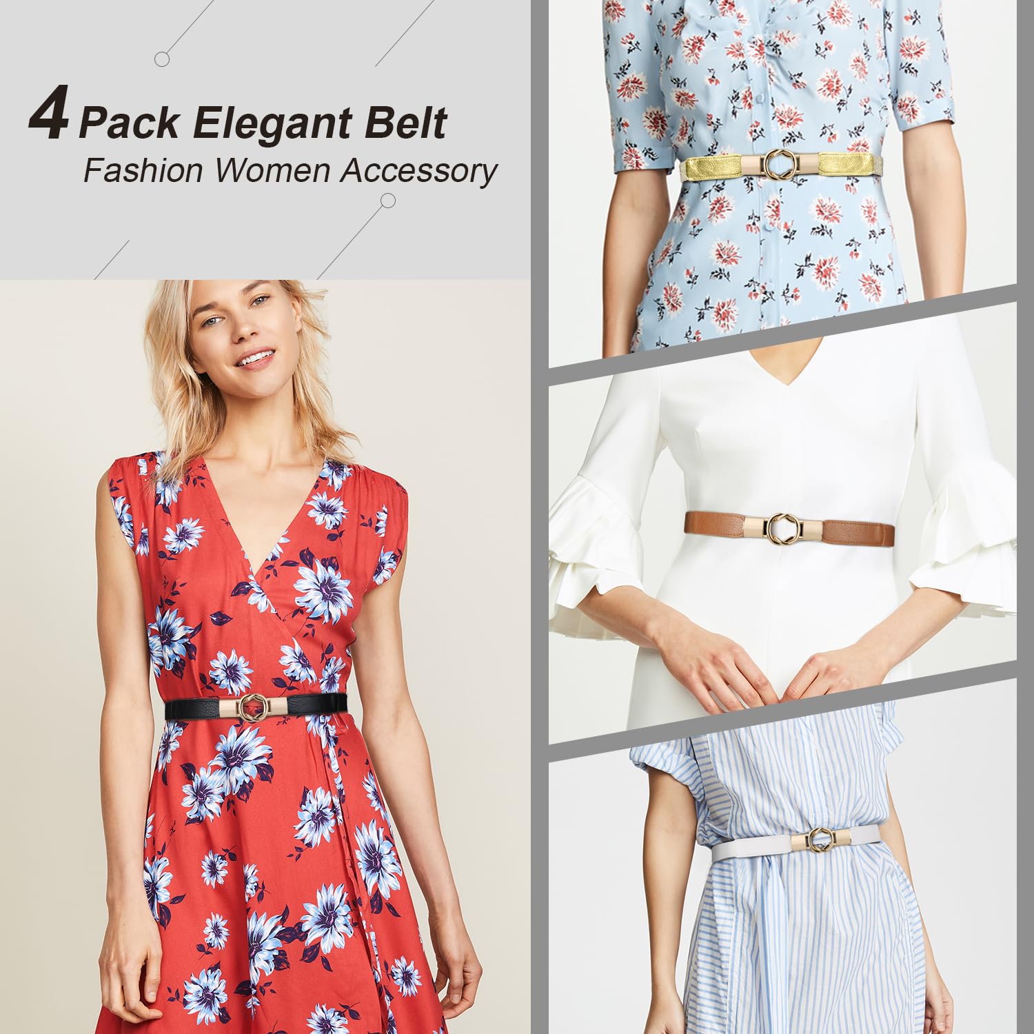 WERFORU Women Skinny Belt for Dresses Retro Stretch Waist Belt with Gold Buckle Set of 4: Fits Waist 29"-40" O-black+brown+white+gold