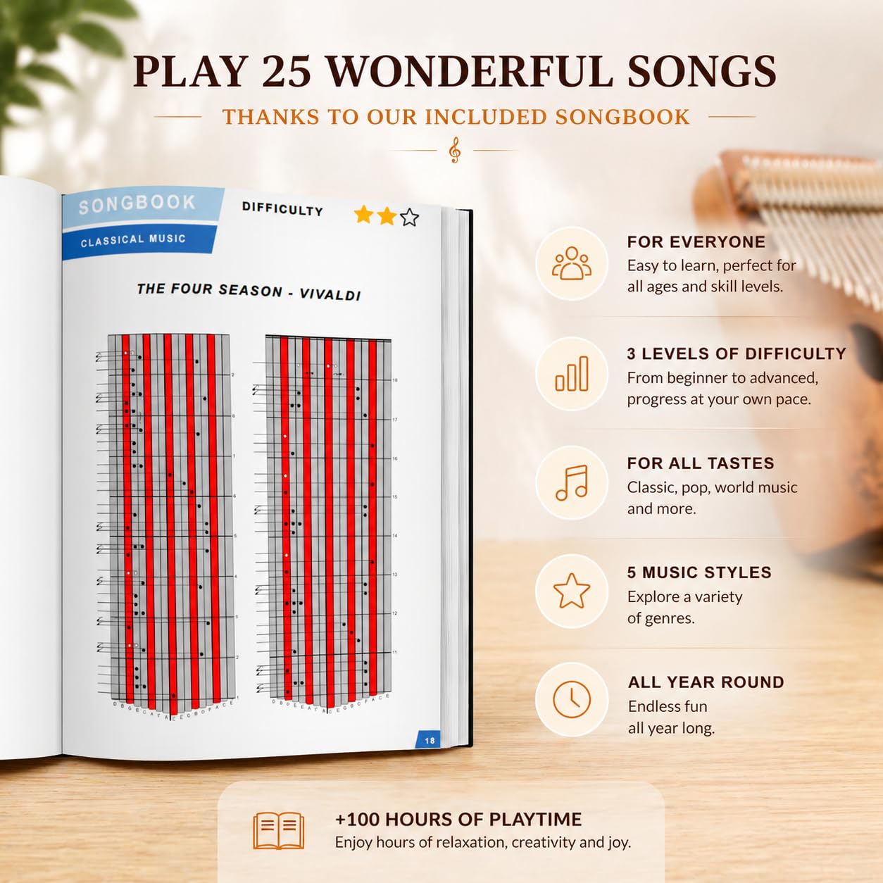 ORORA Kalimba instrument muzyczny dla dzieci i dorosłych, 17-klawiszowy fortepian z grawerunkiem i lakierowanym drewnem, ebook z 50 nutami, etui i akcesoria do pielęgnacji w zestawie, oryginalny
