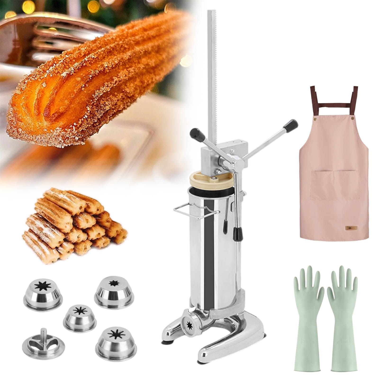 Churro Maker pionowy wypełniacz ze stali nierdzewnej z 5 formami, 1 fartuch, 4 pary rękawiczek, ręczny sprzęt do przekąsek 2 l, do użytku biznesowego i rodzinnego