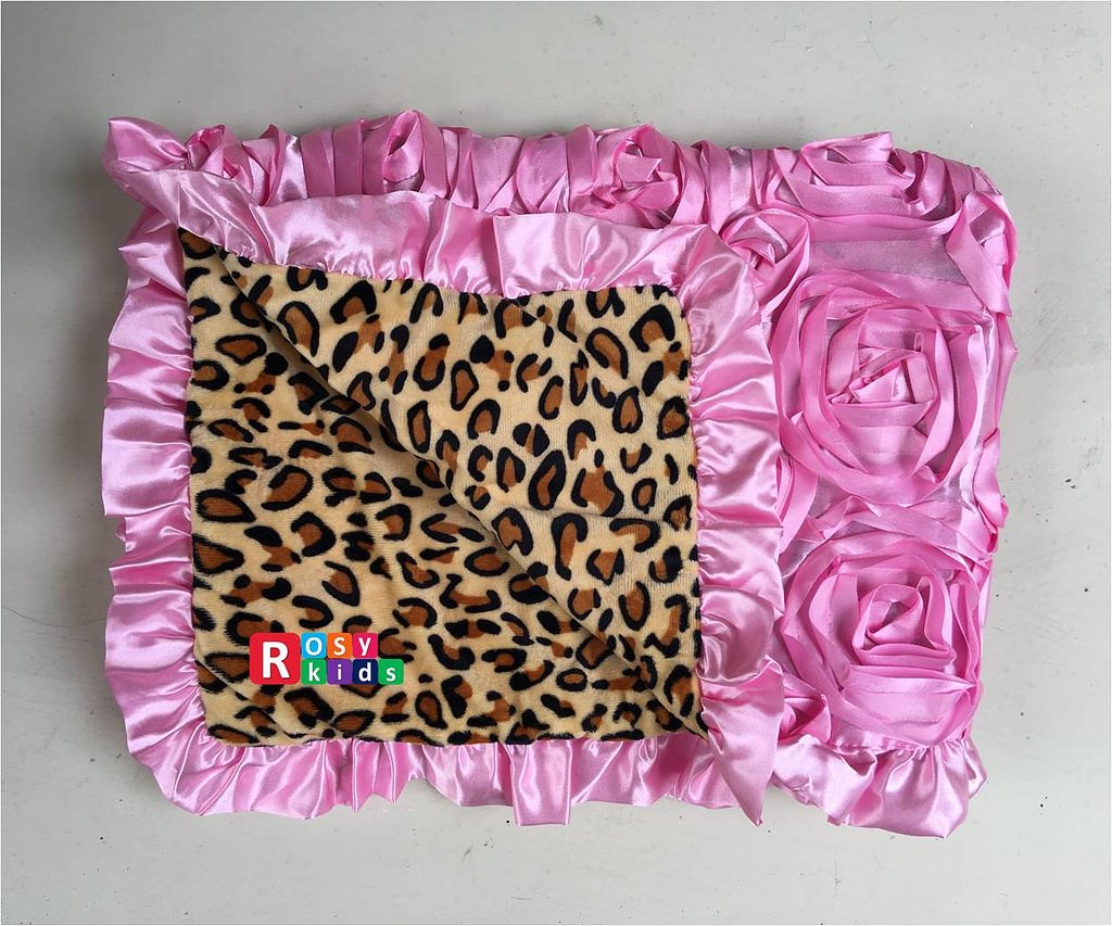 Rosy Kids Infant Carseat Canopy Cover 4pc Whole Caboodle, Baby Car Seat Cover Baby Blanket Outdoor Travelling Kit, 3D Rosette Fabric Baby Pink and Cheetah Print