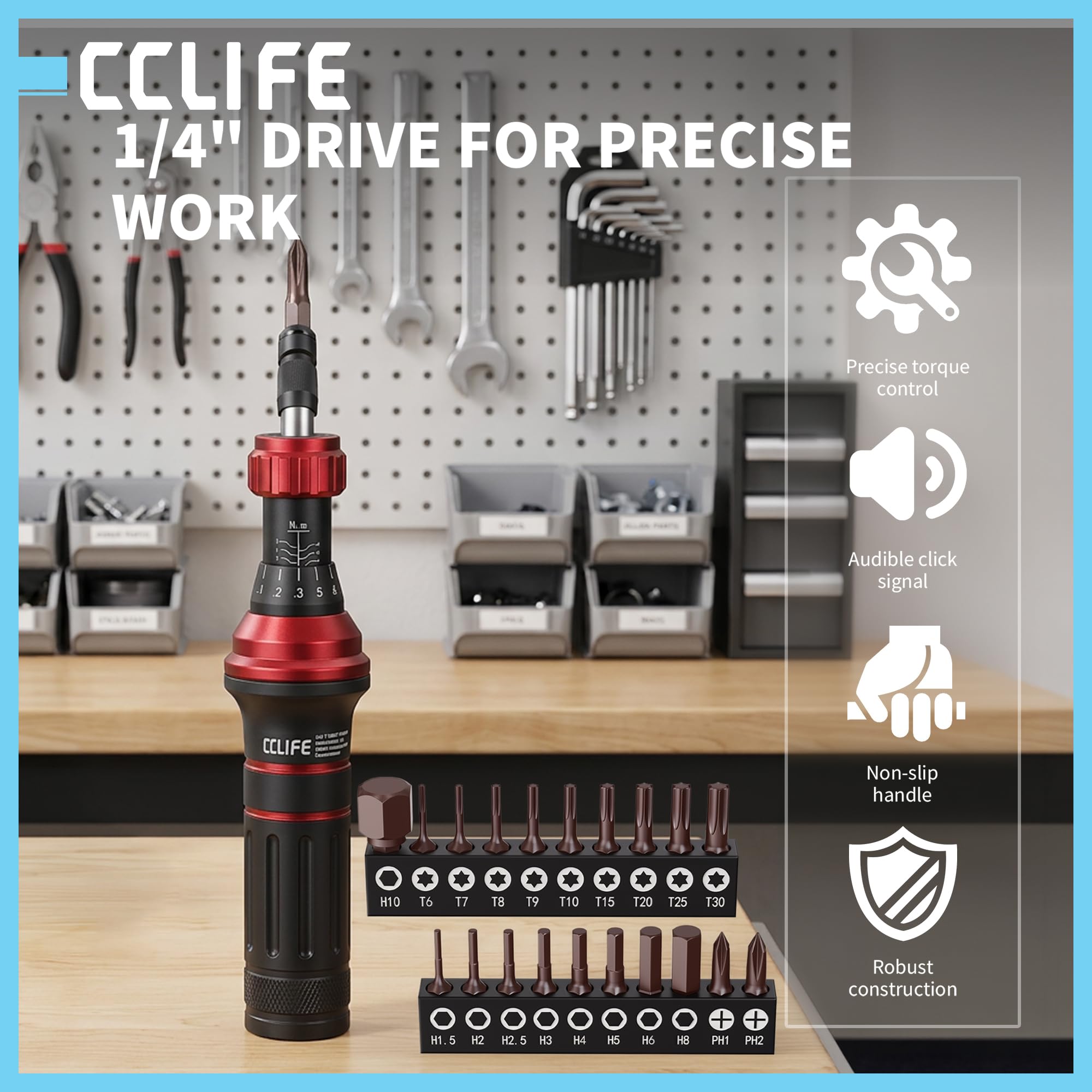 CCLIFE Zestaw wkrętaków dynamometrycznych 1/4 cala – regulowany 1-6 Nm, mechaniczny, 20 bitów + 3 akcesoria, do roweru, elektroniki i majsterkowiczów