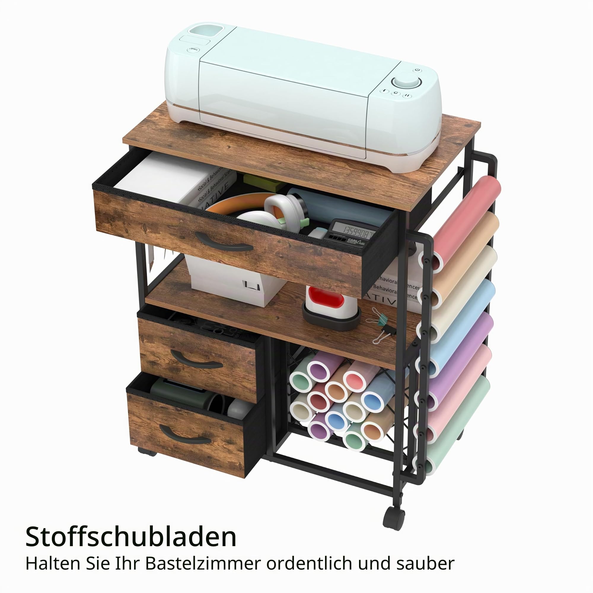 Trironsun Aufbewahrungswagen kompatibel mit Cricut-Maschinen Rollschrank Handwerksschrank mit Schubladen und Vinylrollenhalter, mobiler Ständer für Stations-Schneidemaschine