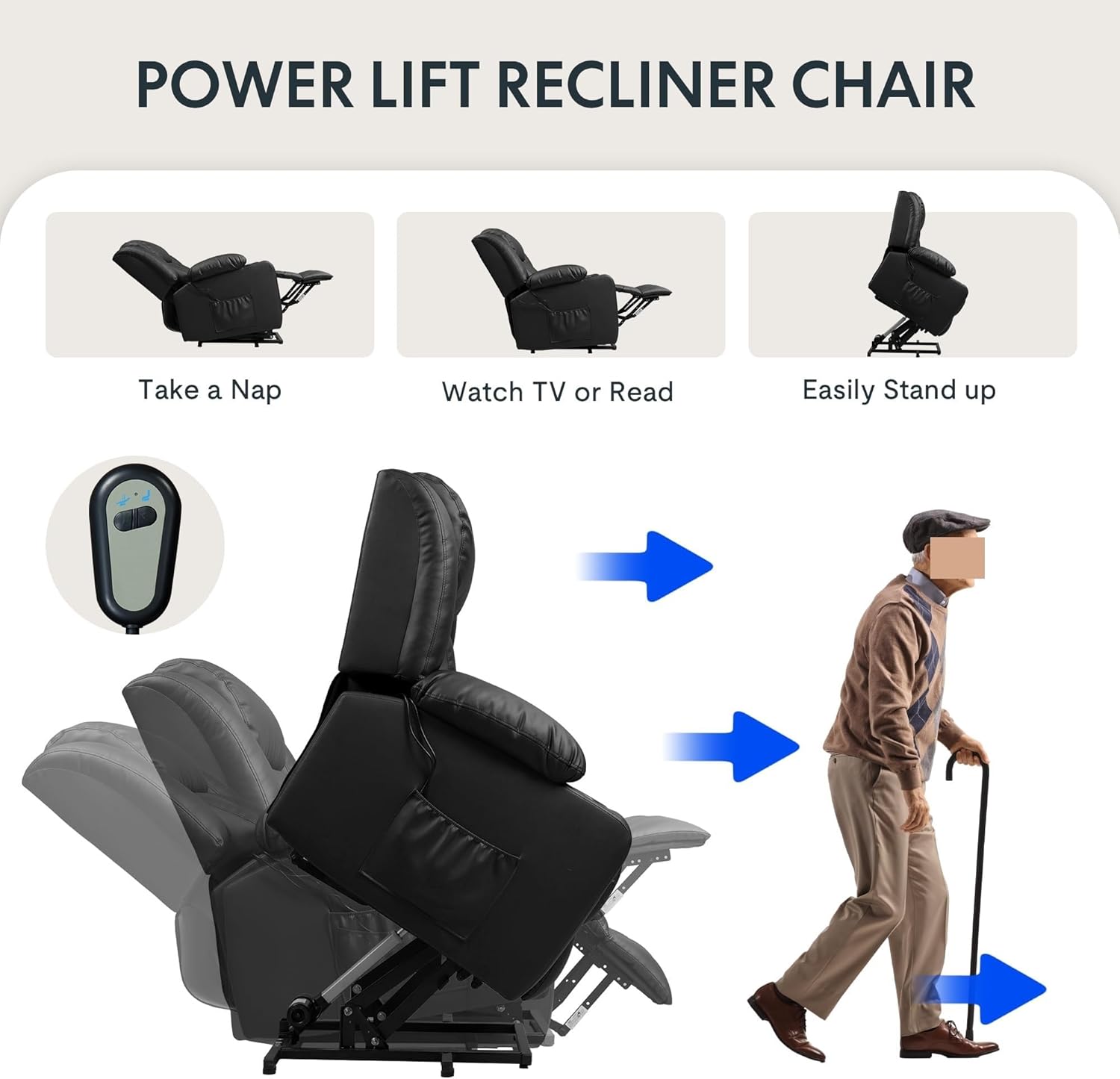 Black Electric Lift Chair for Living Room Bedroom Side Pockets Power Lift Recliner Chair with Massage & Heat PU Leather Reclining Sofa w/Cup Holders for Elderly