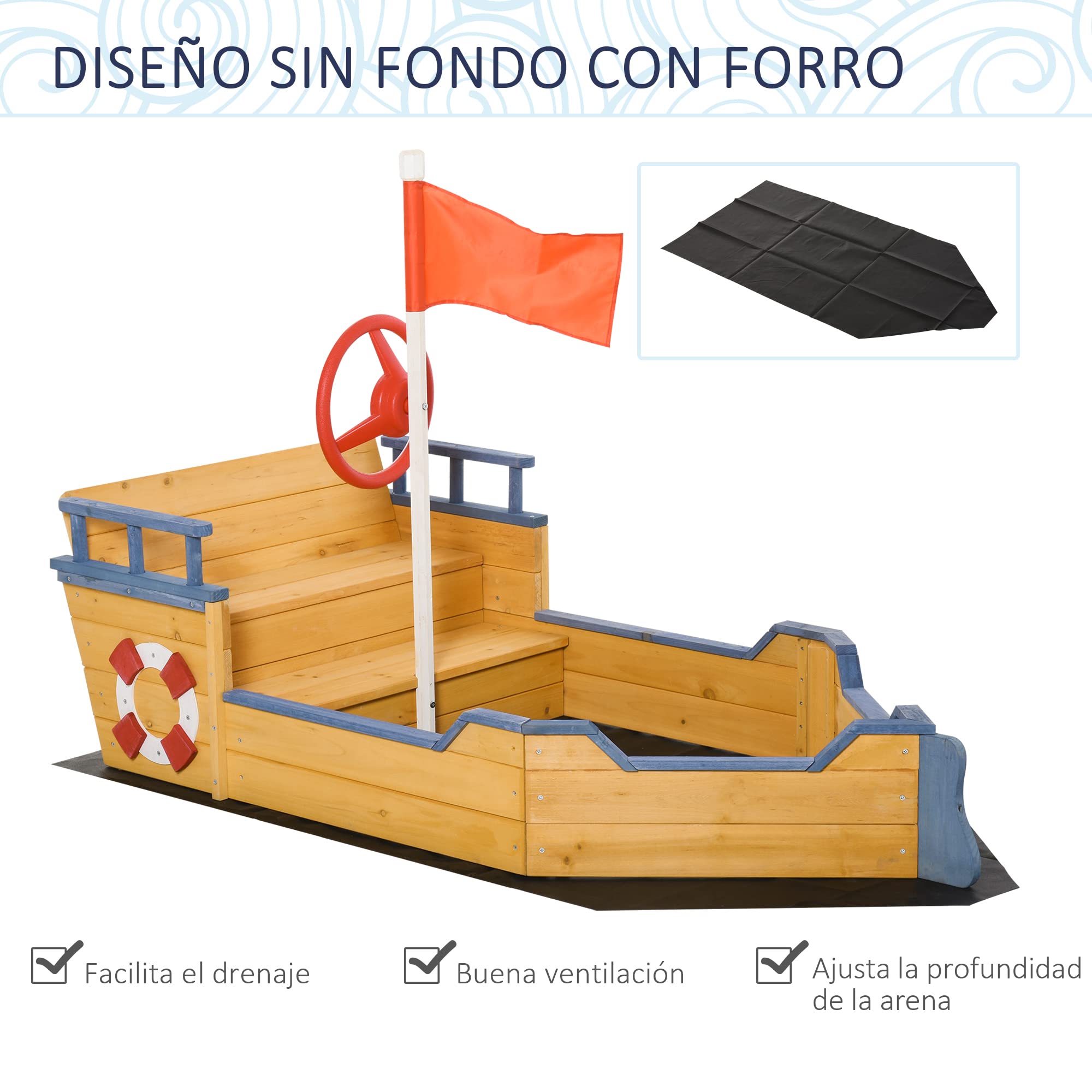 Outsunny Arenero Infantil de Madera Diseño de Galeón con 2 Escalones Banco con Almacenaje Bandera y Timón Cajón de Arena de Jardín para Niños de +3 Años 158x78x45,5 cm Natural