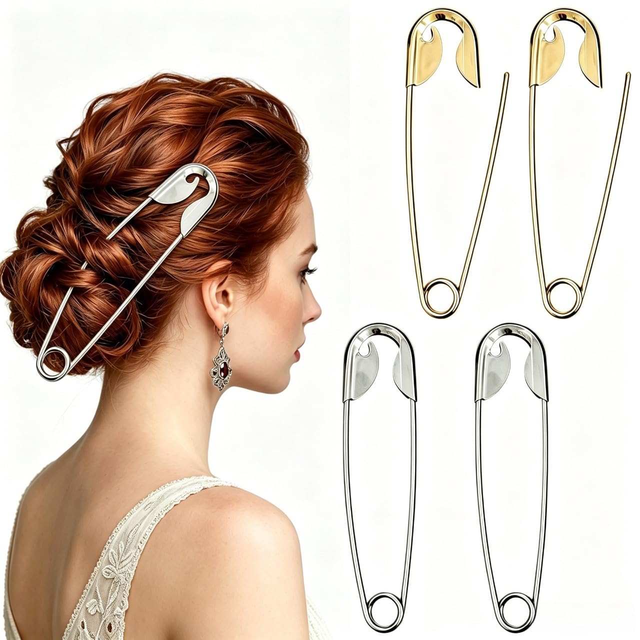 4 PCS Large Metal French Hair Pin Safety Hair Pin for Women, Gold & Silver