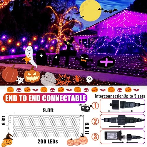 Miniatura 4 de JMEXSUSS Red de luces de Halloween naranja y morada, impermeable, 200 luces LED conectables que cambian de color, malla de alambre transparente,
