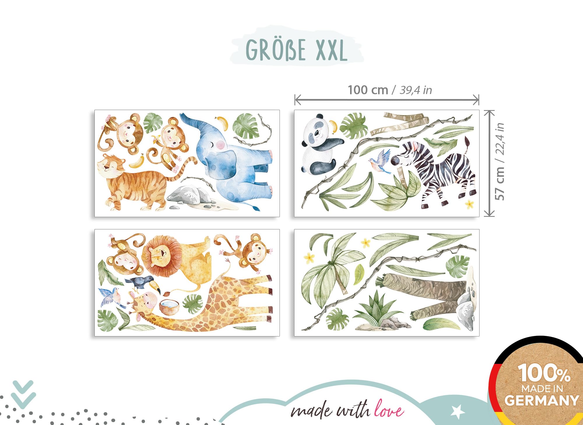 Little Deco XXL Wandsticker Safari Tiere Set Wandtattoo für Kinderzimmer Wandaufkleber Dschungeltiere Baum Babyzimmer Wandbild XXL - 263 x 136 cm (BxH) DL800