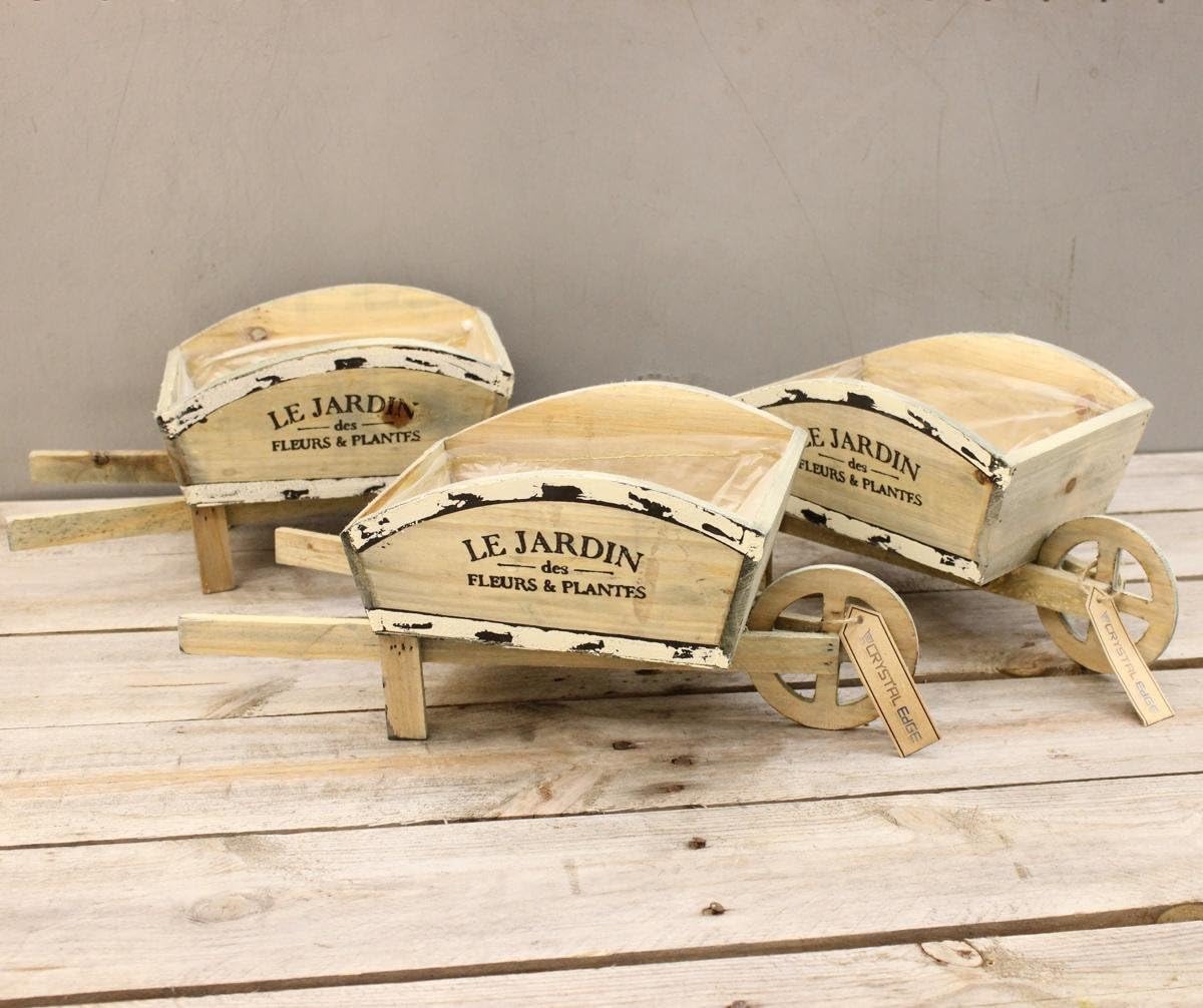 Le Jardin Set of 3 Rustic Wooden Wheelbarrow Planter Shabby Chic Indoor Herbs Plant