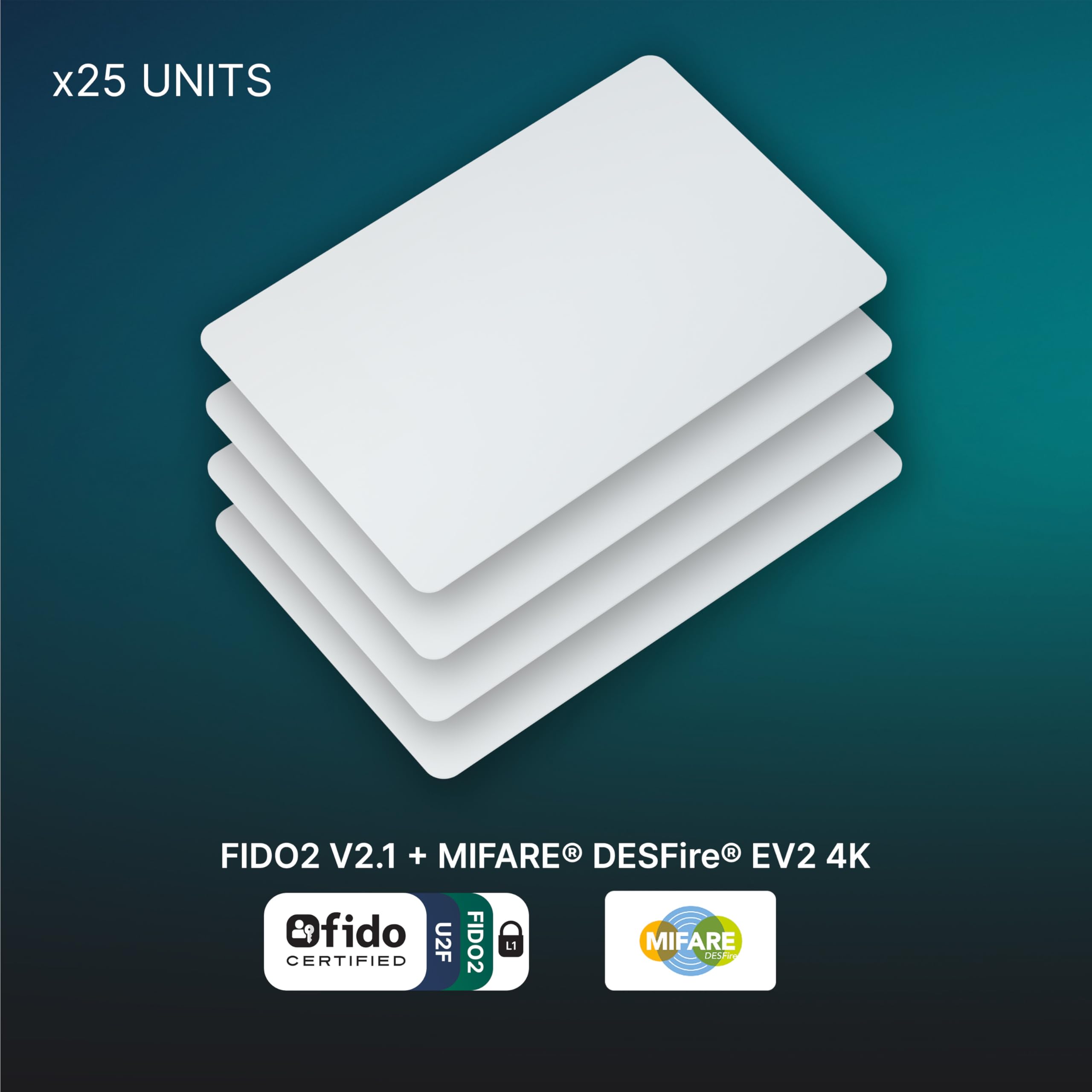 FIDO2 Pack de 25 Tarjetas Inteligentes NFC 2FA empresarial | 25 tarjetas FIDO2 NFC de PVC blanco sin imprimir en un SKU para despliegues de TI empresarial y MFA a gran escala