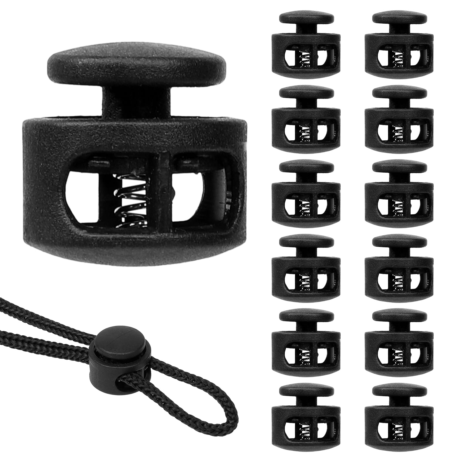 Giantree 12 Pack Spring Cord Lock, Double Hole Drawstring Stopper Fastener, Black Plastic Spring Cord Locks, for Drawstring Sweatpants Hat Hoodie String Clip Elastic Shoelace Lock Swim Goggles (12)