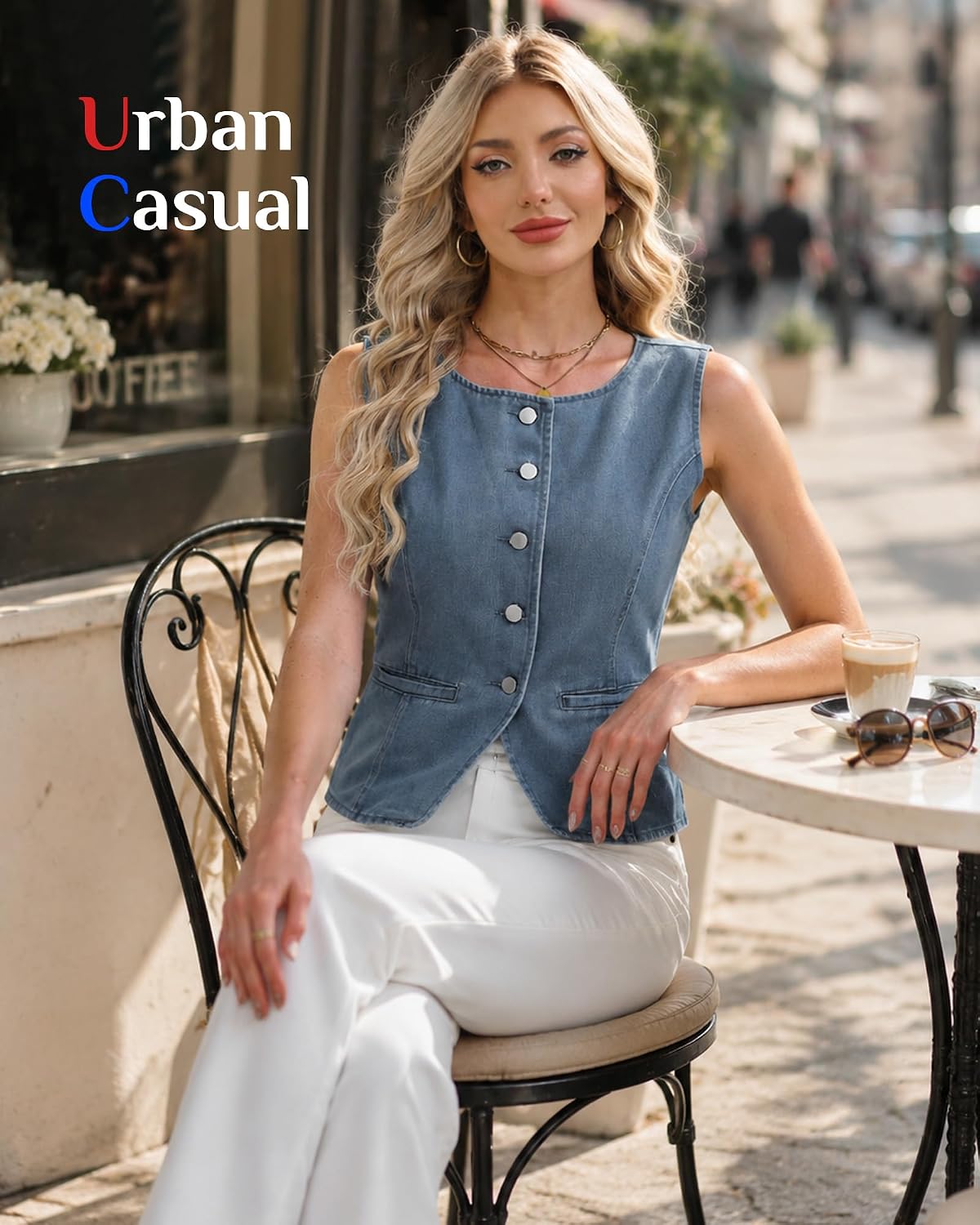 Argstar Women's Crewneck Denim Vest Sleeveless Button Down Jean Vest