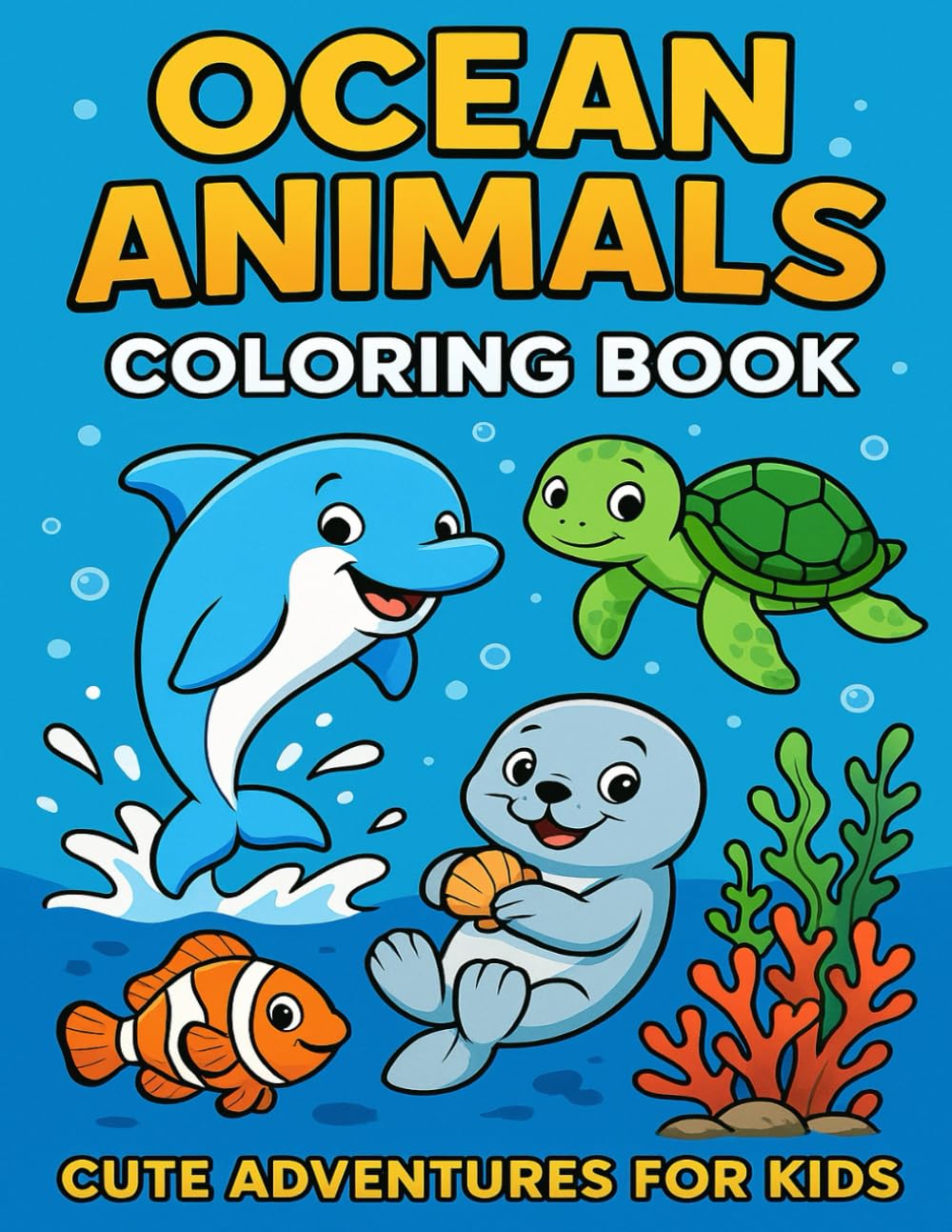 Ocean Animals Coloring Book: Fun Ocean Creatures, Cute Sea Life, Easy and Adorable Coloring Pages for Kids Ages 4–8