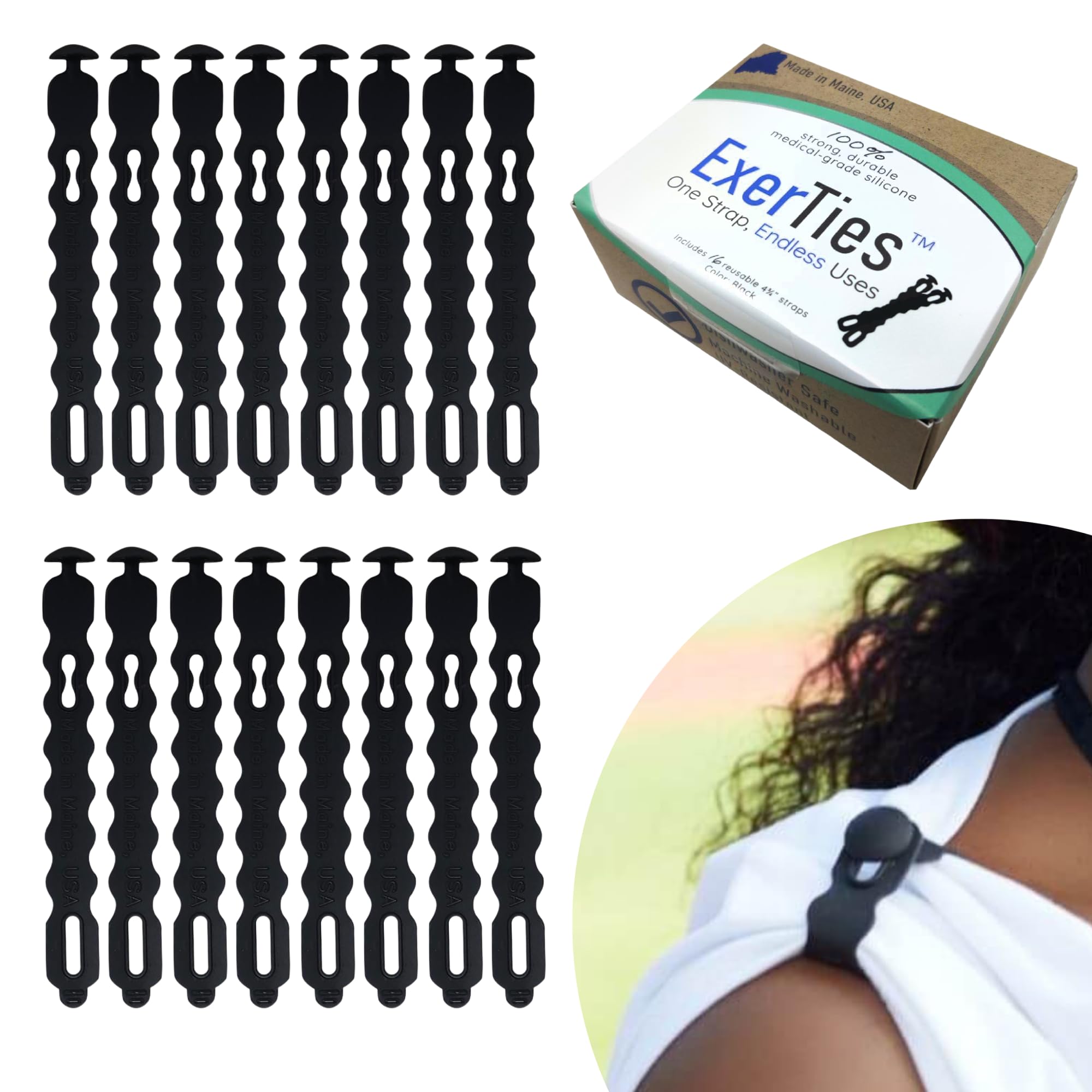 ExerTies Tshirt Sleeve Ties (16 Ties) Black - 100% Medical Grade Silicone Sleeve Holders for Sports - Sleeve Ties for Sports Shirts Designed for Athletes - Hypoallergenic Sleeve Straps - Made in USA