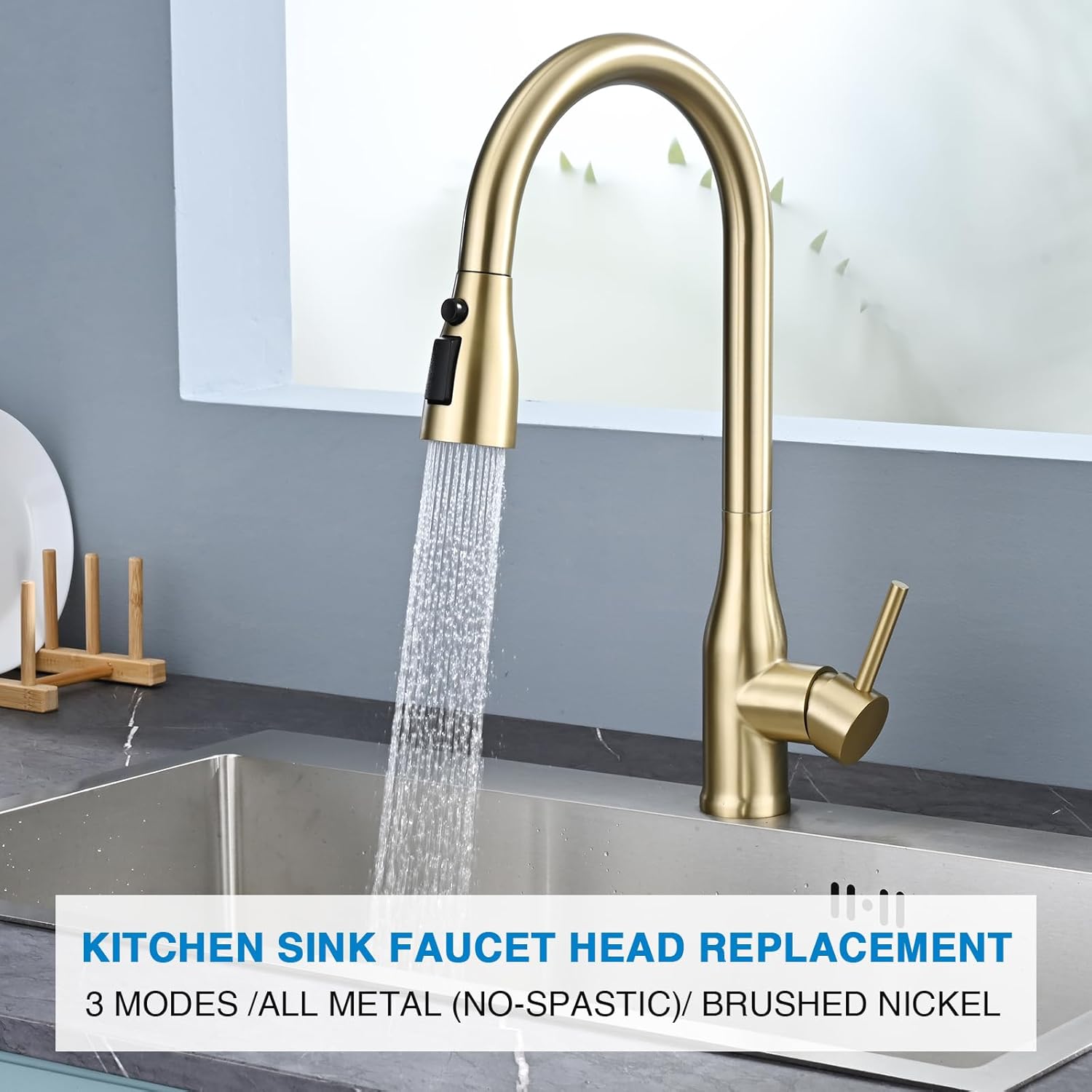 Metal Kitchen Faucet Head Replacement, 3 Functions Kitchen Faucet Head High Pressure, Brushed Gold Pull Down Kitchen Sink Sprayer Replacement with 9 Adapters Compatible with Most Faucets