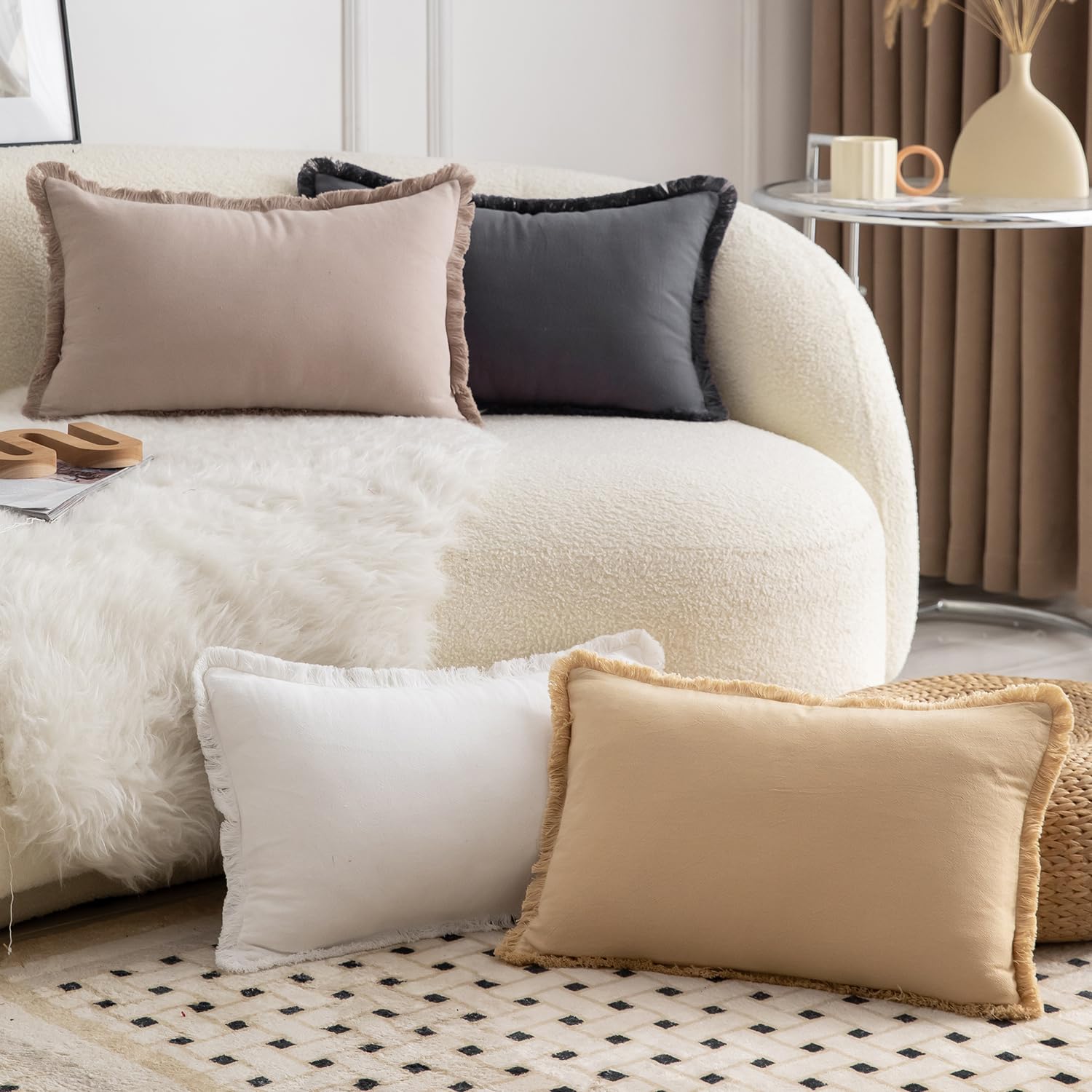 Housse de coussin pur coton doux Mandioo de haute qualite avec franges de decoration