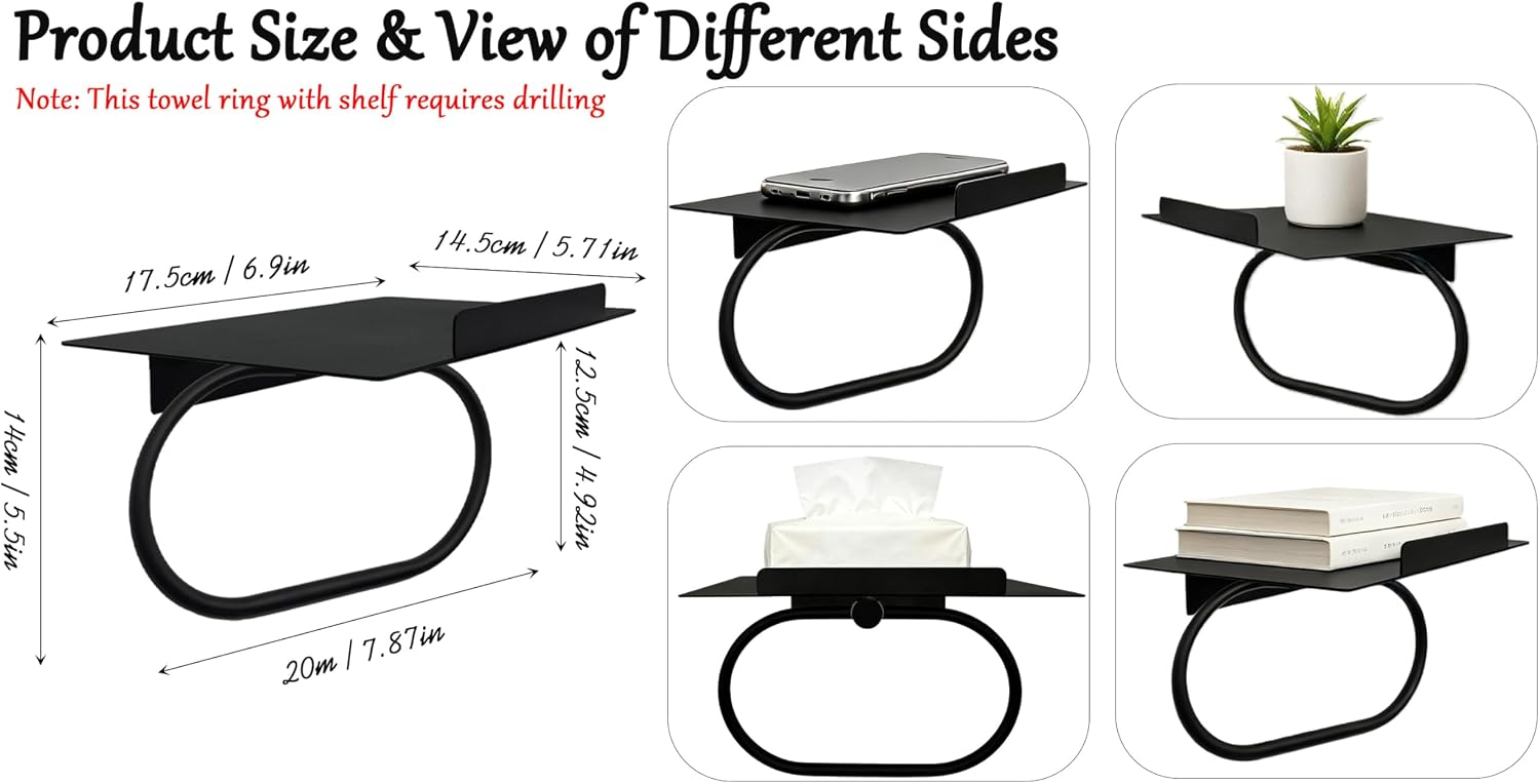Black Metal Hand Towel Holder with Shelf, Heavy Duty Bath Accessories, Wall Mounted Towel Ring with Storage Platform, Towel Candle Washcloth Holder for Bathroom Wall, Kitchen, Entrance image 2