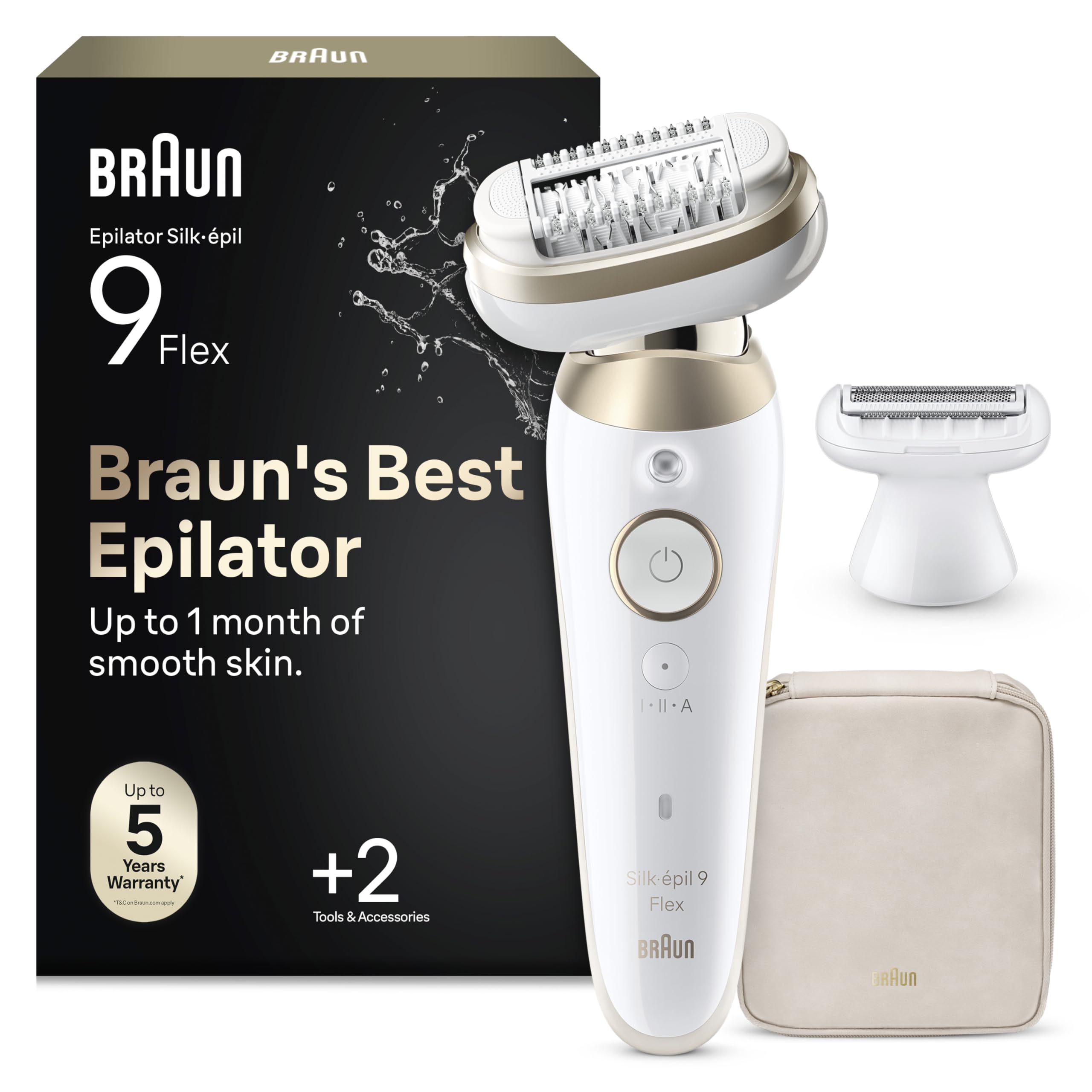 Braun Depiladora Eléctrica Mujer Silk·épil 9 Flex con Cabezal Flexible, Depila, Rasura Y Recorta en Seco Y Mojado, 2 Cabezales, Cepillo de Limpieza Y Funda, Depilación Suave Duradera, 9-041 3D, Oro