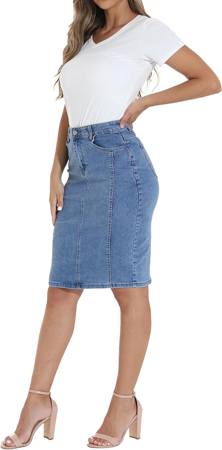 GUANYY Womens Denim Skirt-High Waisted Knee Length Slim Fit Pencil Stretch Jean Skirt - Image 6