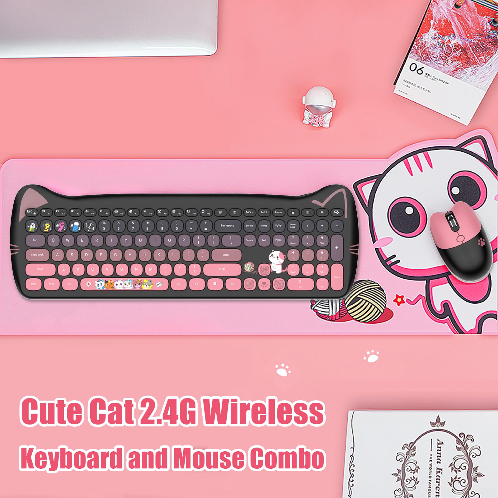 Cute Cat Ensemble clavier et souris USB sans fil 2,4 G, touches silencieuses, couleurs bonbon, compatible avec ordinateur portable, PC (noir-rose-110 touches)