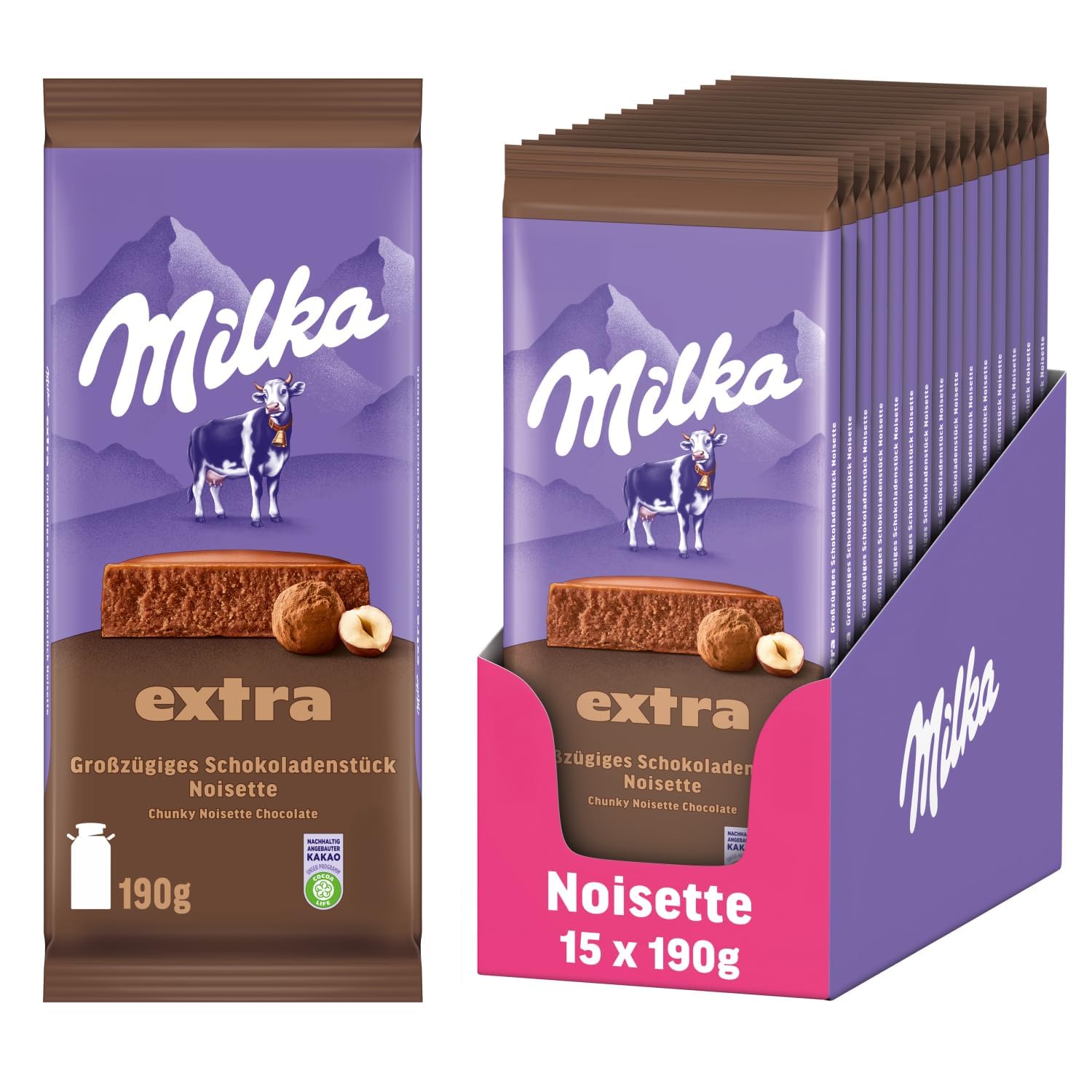 Milka Extra Noisette – Alpenmilch Schokoladentafel mit zart-cremiger Haselnussfüllung – 15 x 190 g