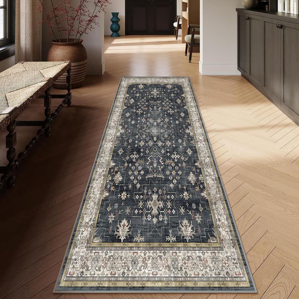 Tappeto Passatoia Antiscivolo 4.5 Metri, Tappeto da cucina lavabile, Tappeto Corridoio Interno Lungo per Ingresso Cucina Camera da Letto Casa，120 x 450 cm,Grigio，Motivo Floreale Boho