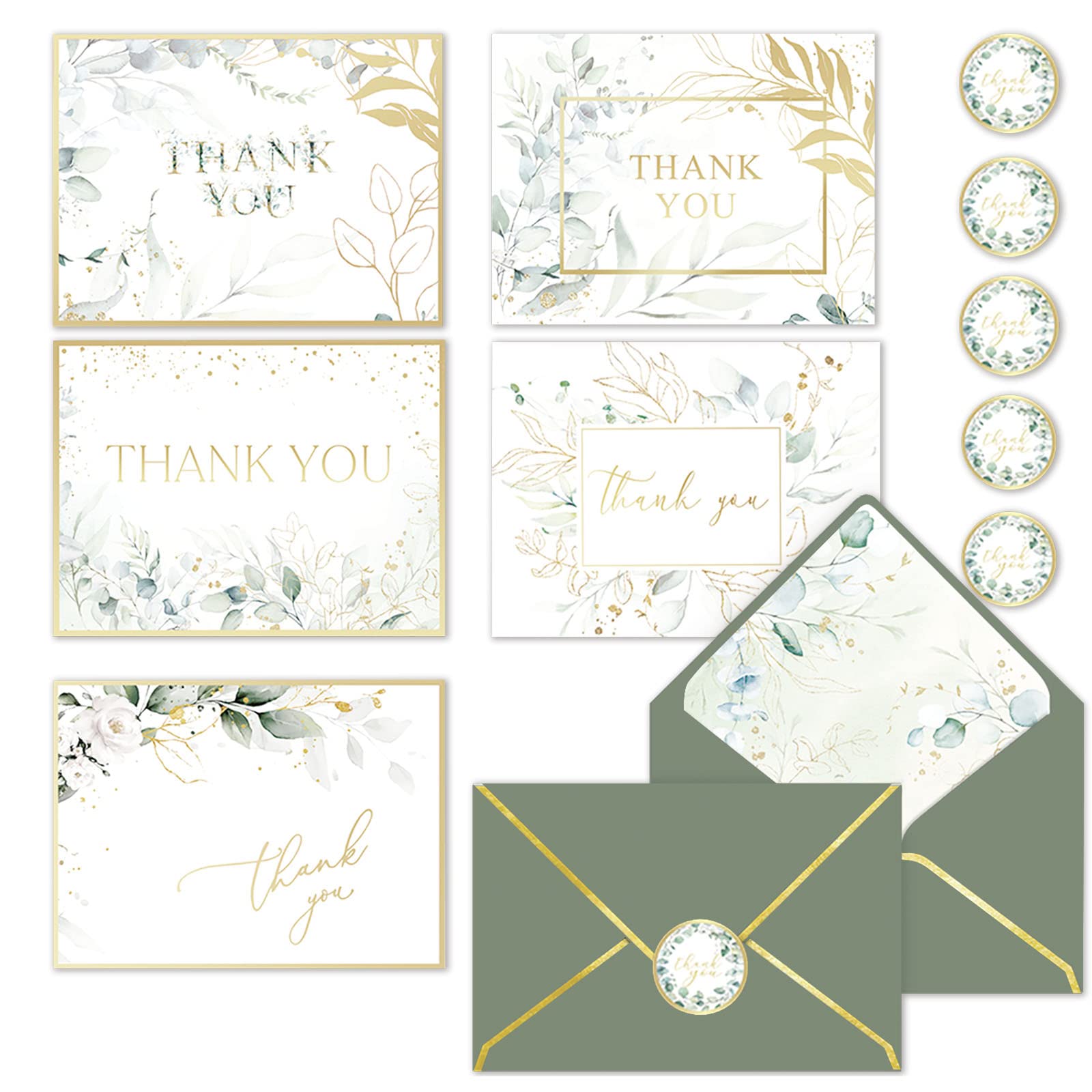 AMNADOF 100 Eucalyptus Gold Foil Thank You Cards with Greenery Envelopes - 5 Design Note Cards 3.75x 5 Inches – Include Stickers, Perfect for Wedding,Baby Shower, Bridal Shower