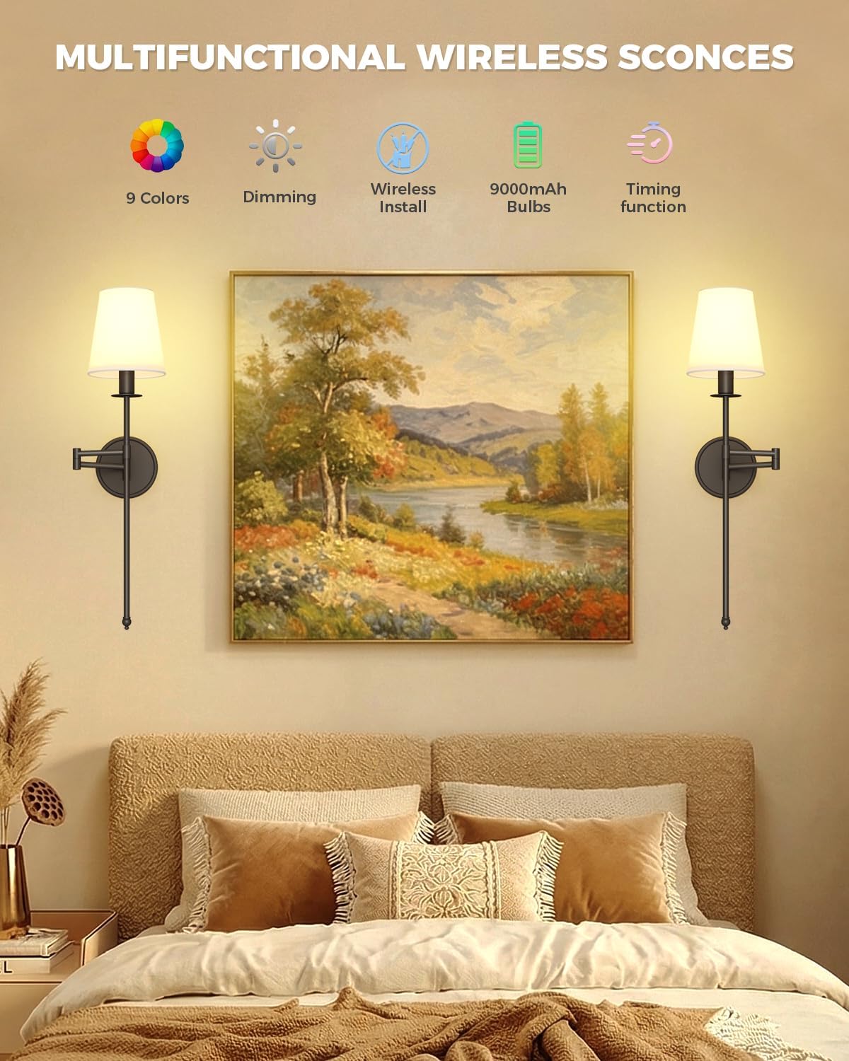 Battery Operated Wall Sconces Set of 2, 24.8" Wireless LED Wall Light with Remote, 9000mAh Rechargeable, RGB & 9CCT Stepless Dimmable, Modern Black Cordless Wall Lamp for Bedroom Living Room