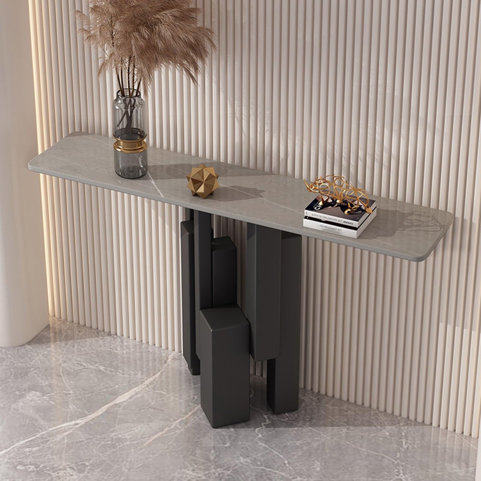 MESCXTY Sintered Stone Console Table, Decorative Entryway Sofa Table with Staggered Column Metal Frame Contemporary,Creative Alloy Leg,for Living Room, Hallway, Foyer(Gray+Black,59in)