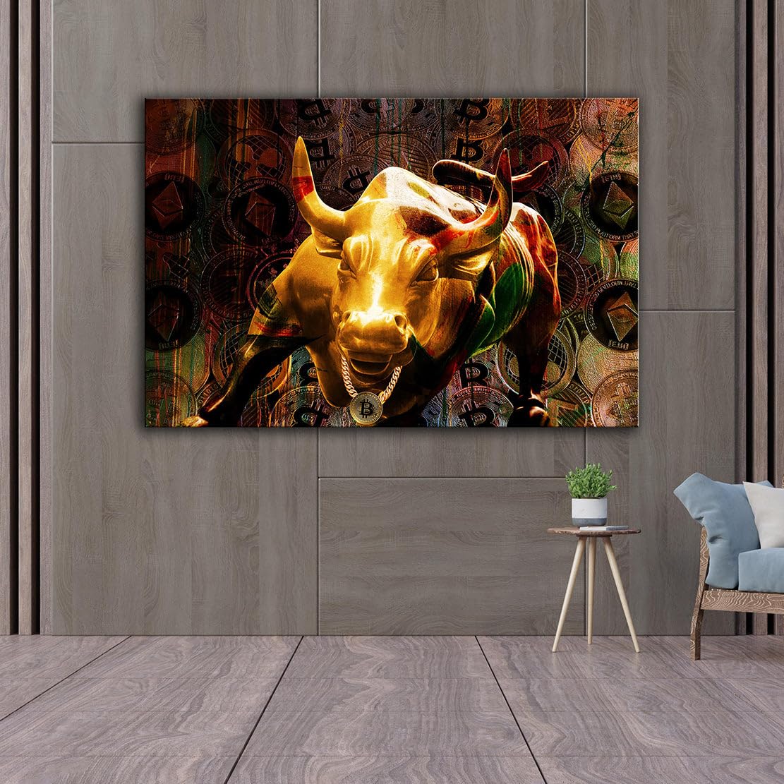 ARTEDinoi Börsenbulle Bulle Krypto Gold Leinwandbild Wandbild XL Deko | Börsenbulle, Trading
