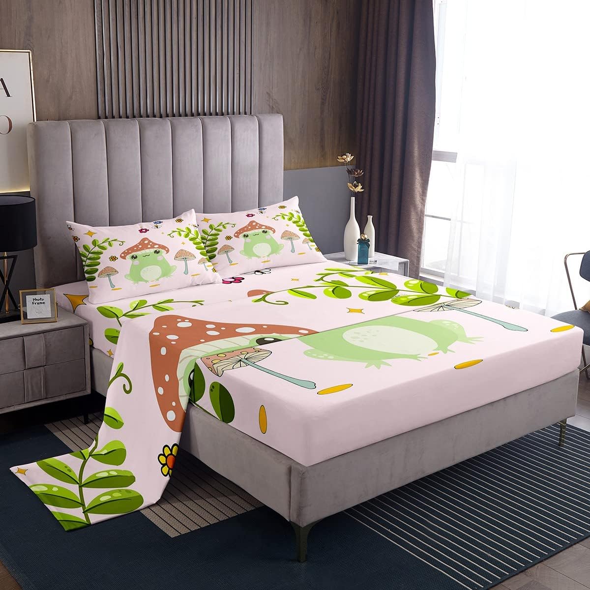 Feelyou Cute Frog Bed Set Mushroom Sheet Set for Kids Boys Girls Natural Wild Fungus Bed Sheets Botanical Plants Bedding Sheets 1 Bed Sheets with 2 Pillowcases Queen Size Multi Sh01 Queen