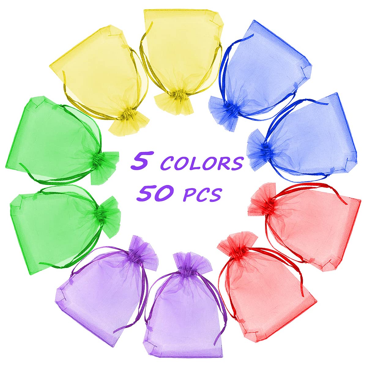 YUTOU Pack of 50 Organza Bags 10 x 15 cm Colourful Gift Bags Organza Fabric Bags with Drawstring Fabric Bags Lavender Bags Gift Jewellery Bags Sweets Bags (5 Colours) - Image 2
